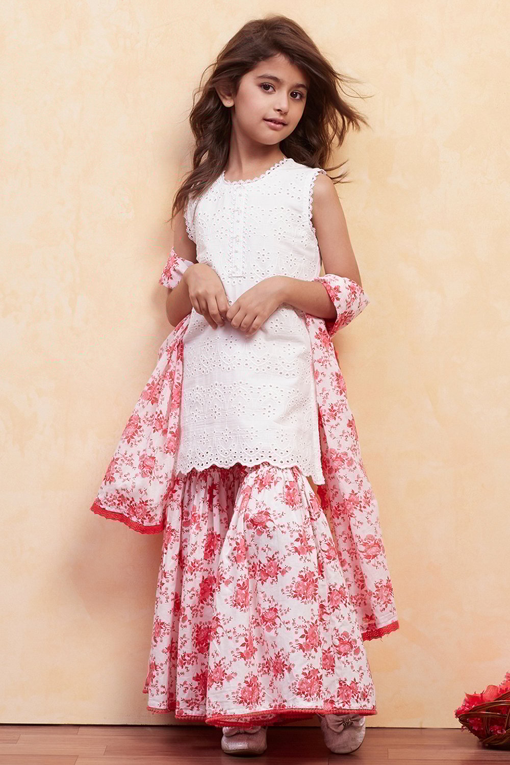 Red and White Cotton Schiffli Straight Suit Set image number 0