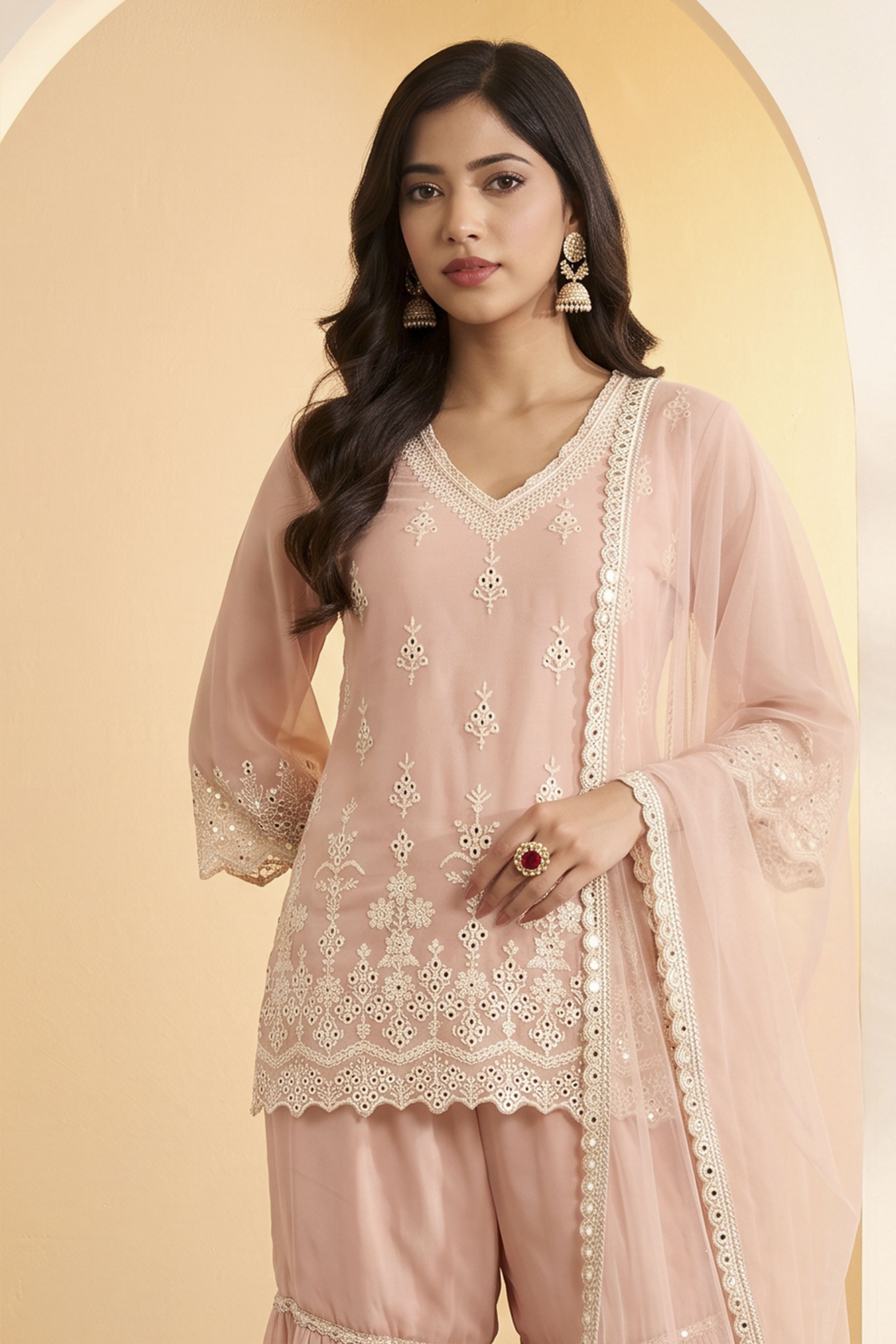 Blush Pink Embroidered Sharara Set with Net Dupatta image number 1