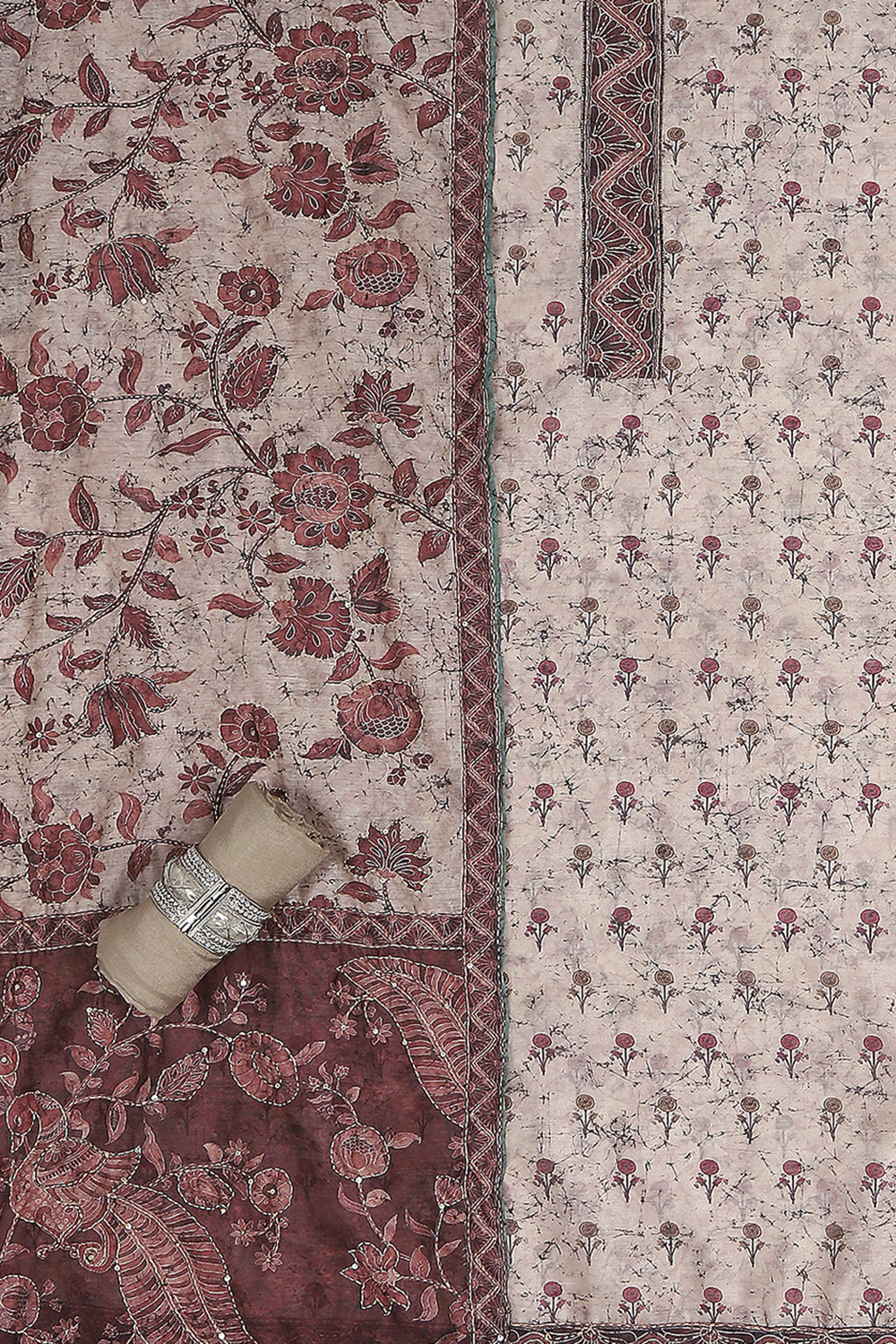 Beige Chanderi Hand Embroidered Unstitched Suit Set image number 1