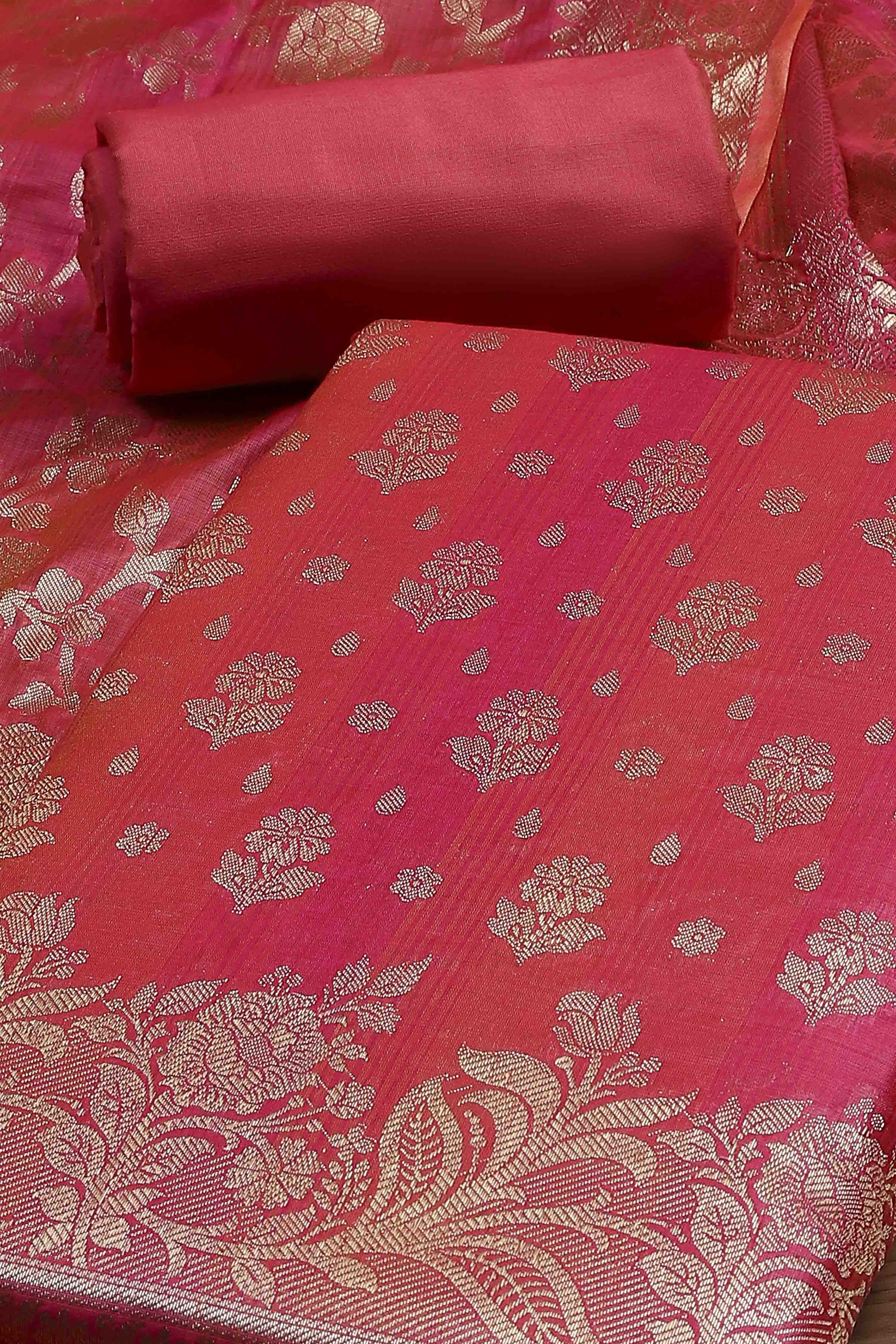 Pink Cotton Printed Embroidered Unstitched Suit Set image number 1
