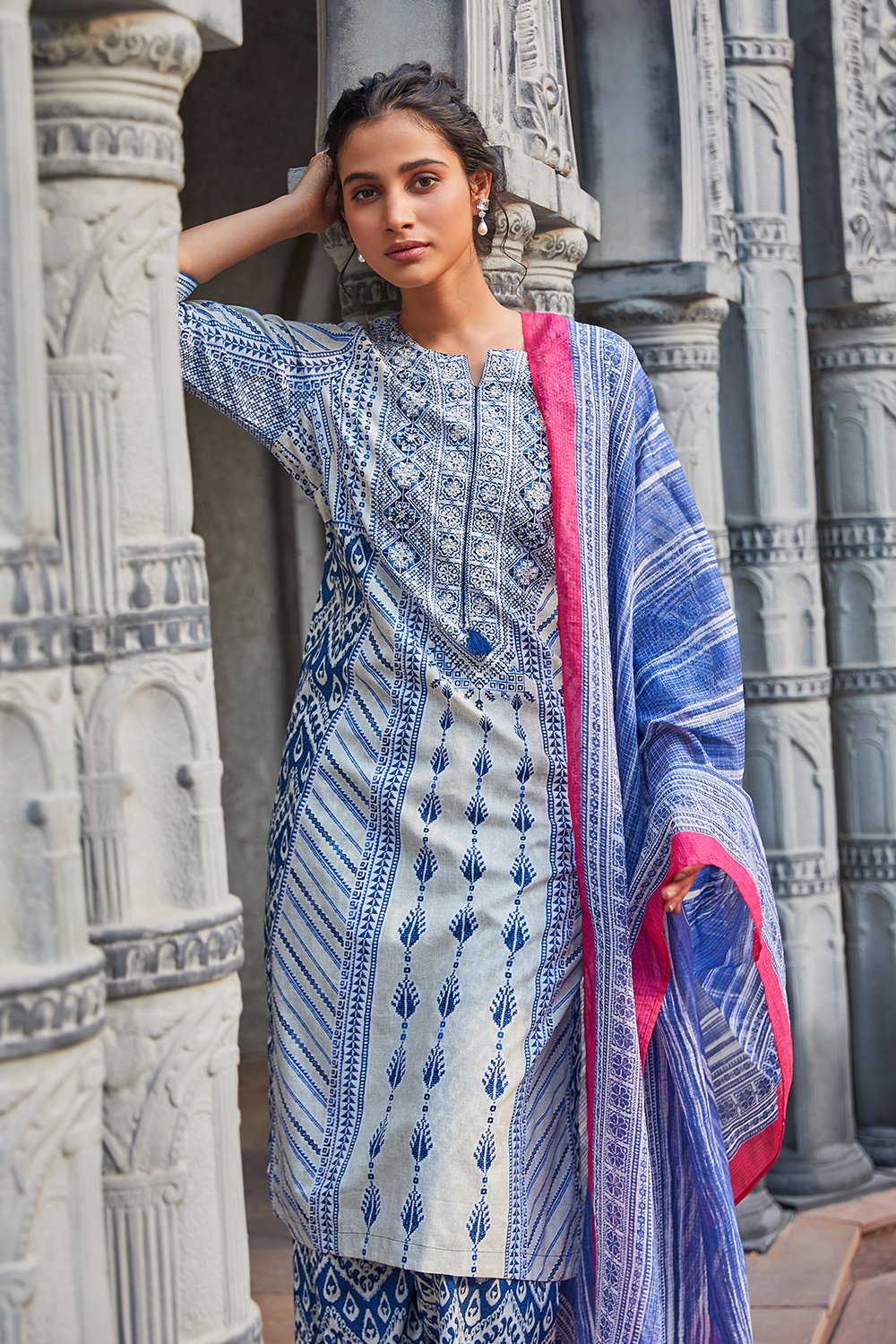 Blue Cotton Straight Suit Set image number 1