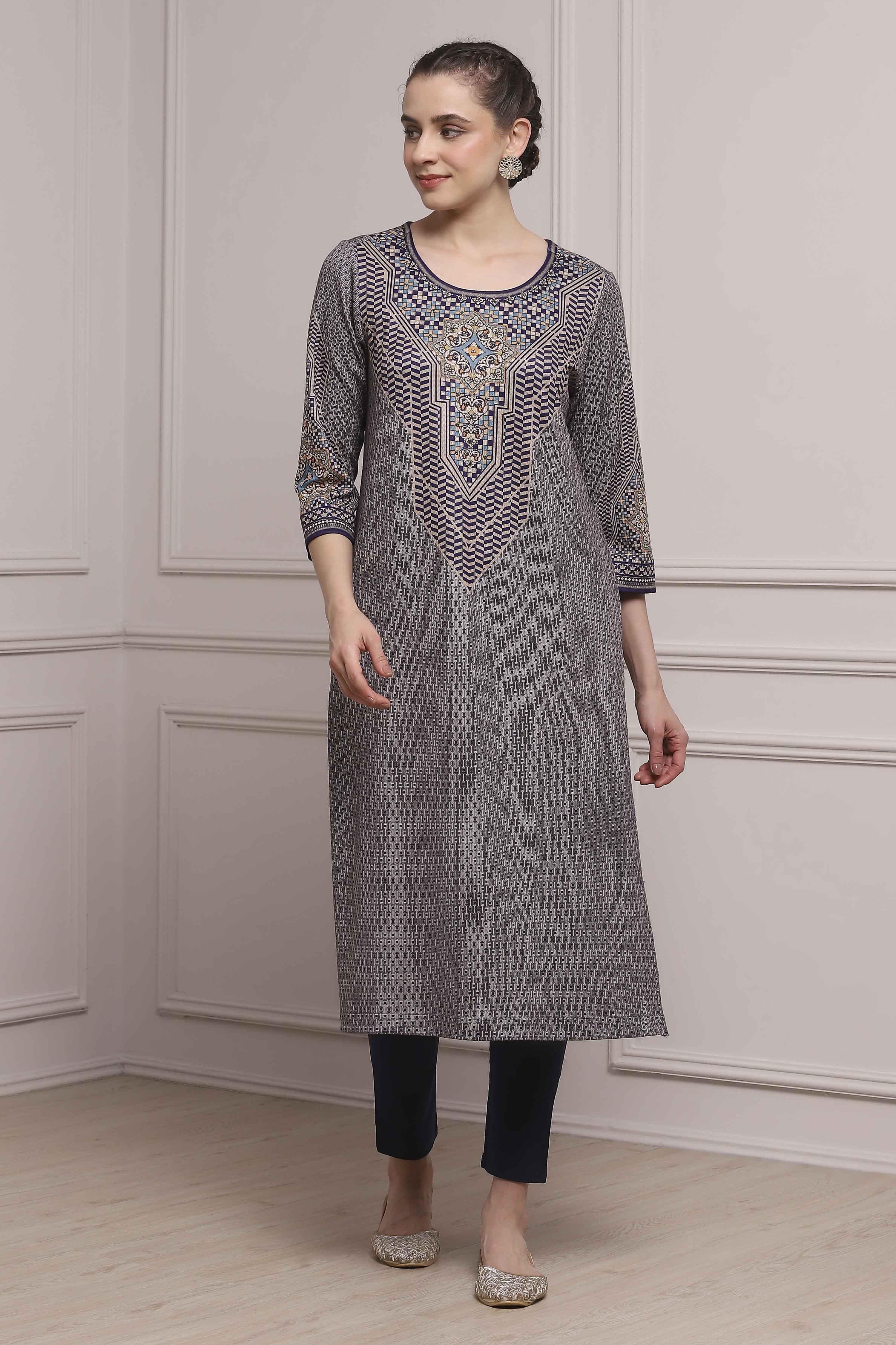 Blue Polyester Straight Printed Kurta image number 5