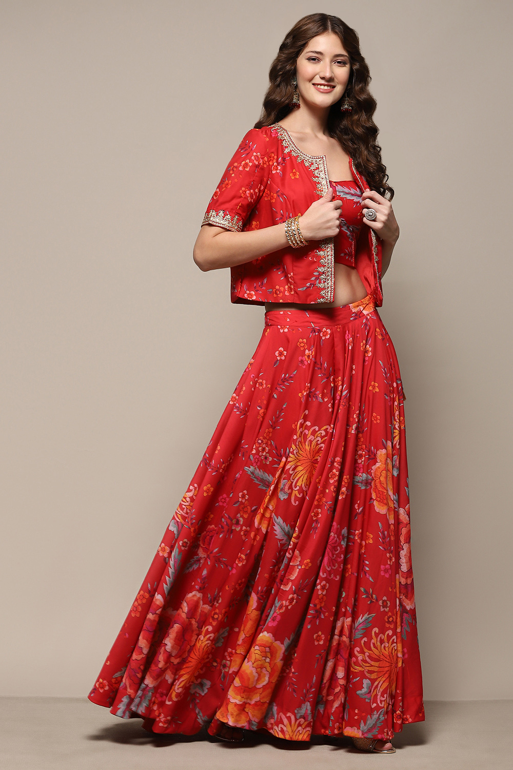 Red Floral Printed Flared Lehenga Set with Jacket image number 5