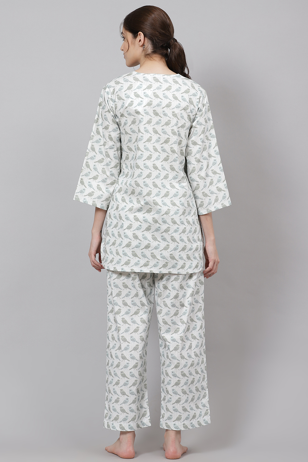 Mint Straight Cotton Three Piece Printed Sleepwear Set image number 7