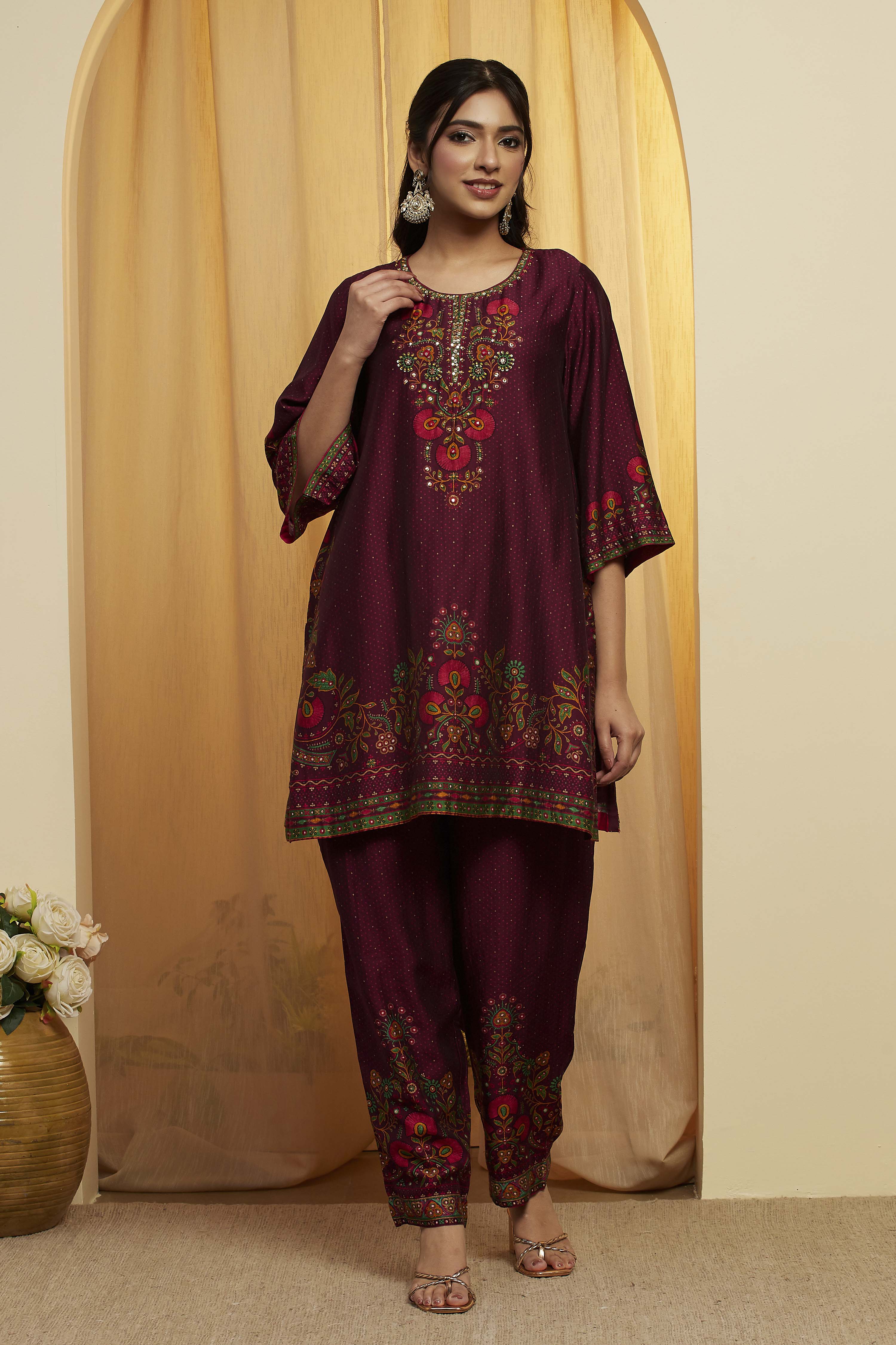 Wine Silk Printed Straight Kurta Set image number 6