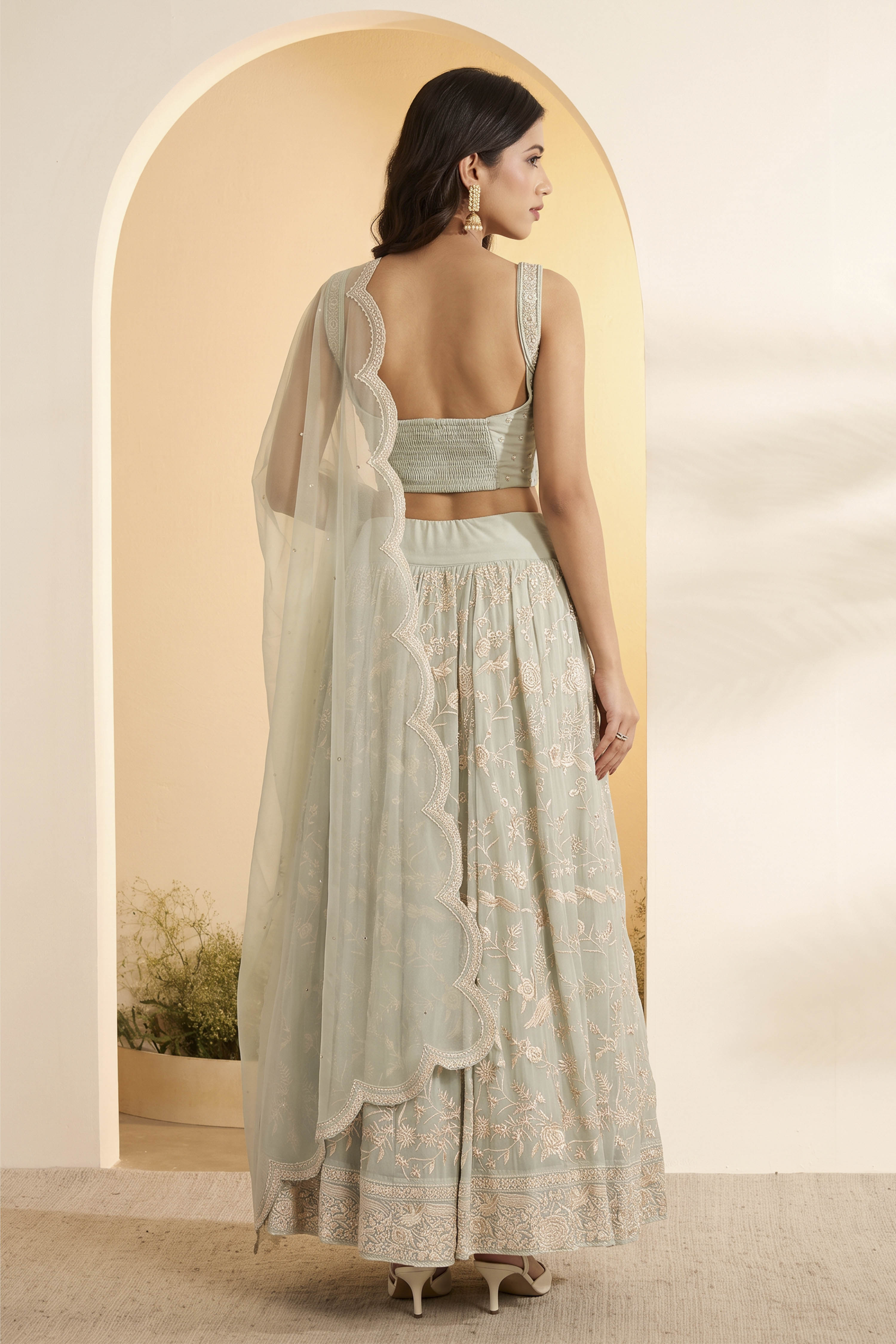 Turquoise Polyester Straight Lehenga Set image number 4