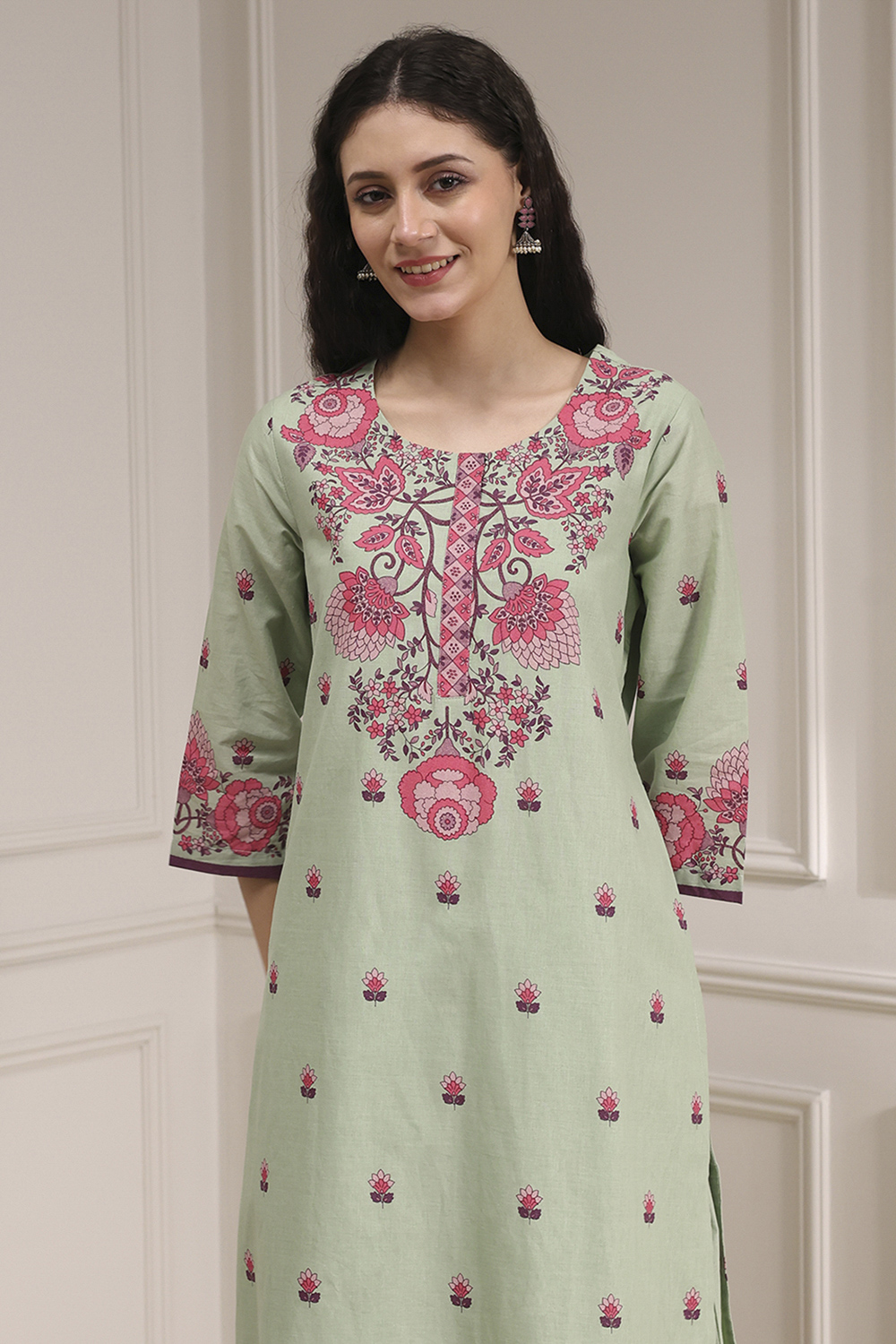 Sage Green Cotton Printed Straight Suit Set image number 1