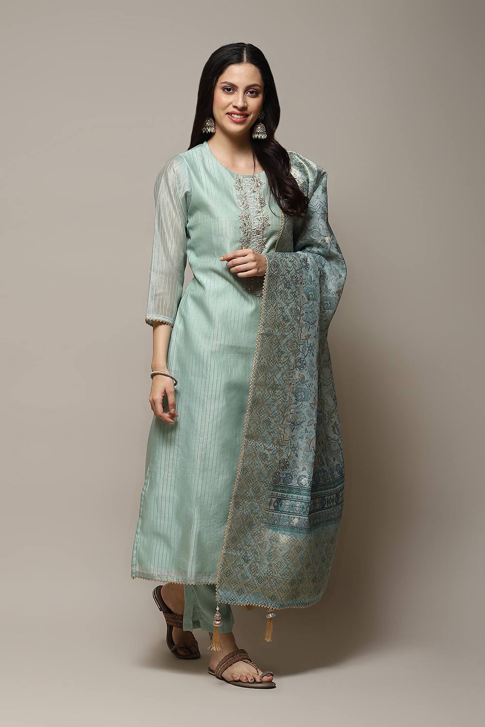 Sky Blue Chanderi Hand Embroidered Unstitched Suit Set image number 7
