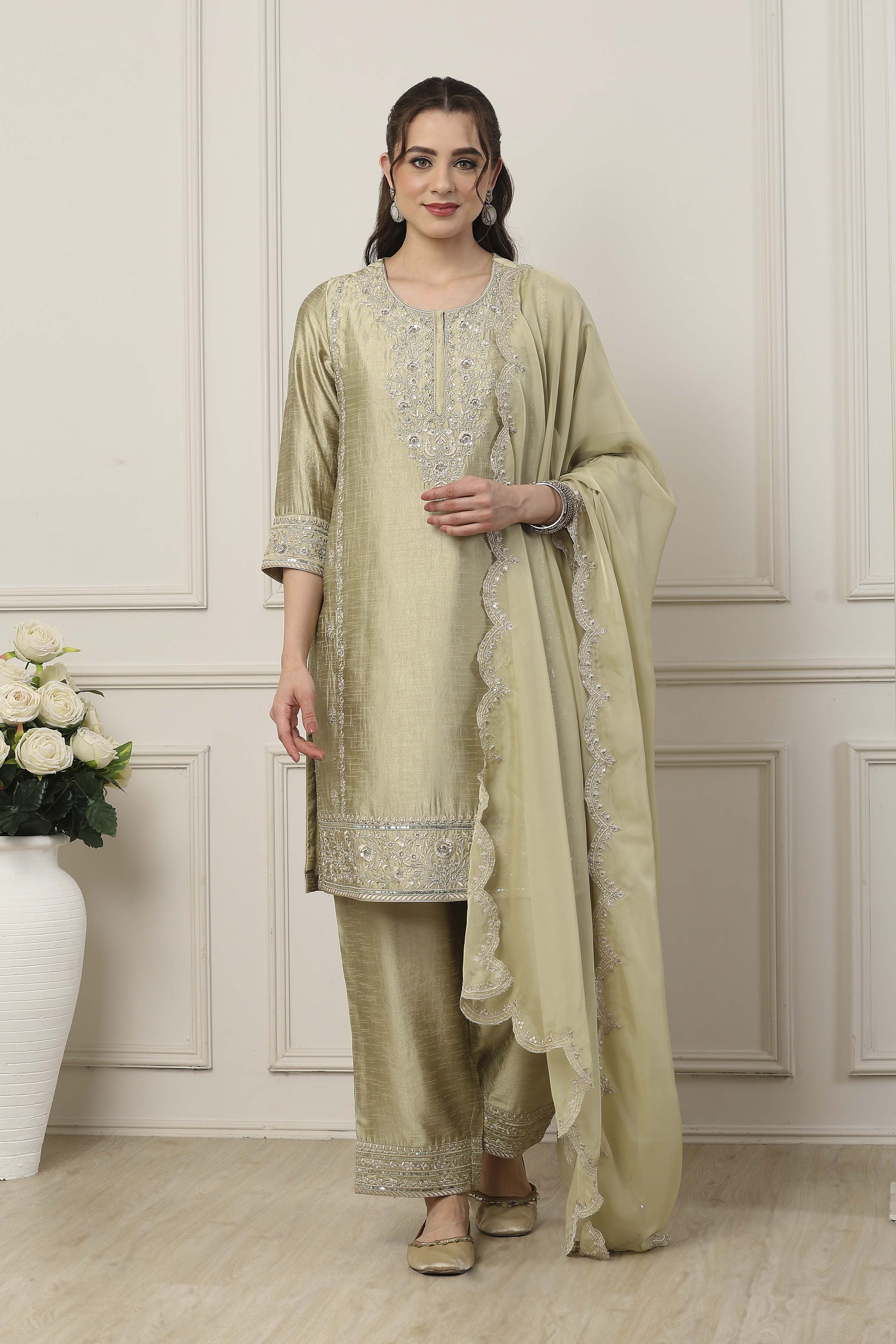 Green Poly Viscose Straight Suit Set image number 6