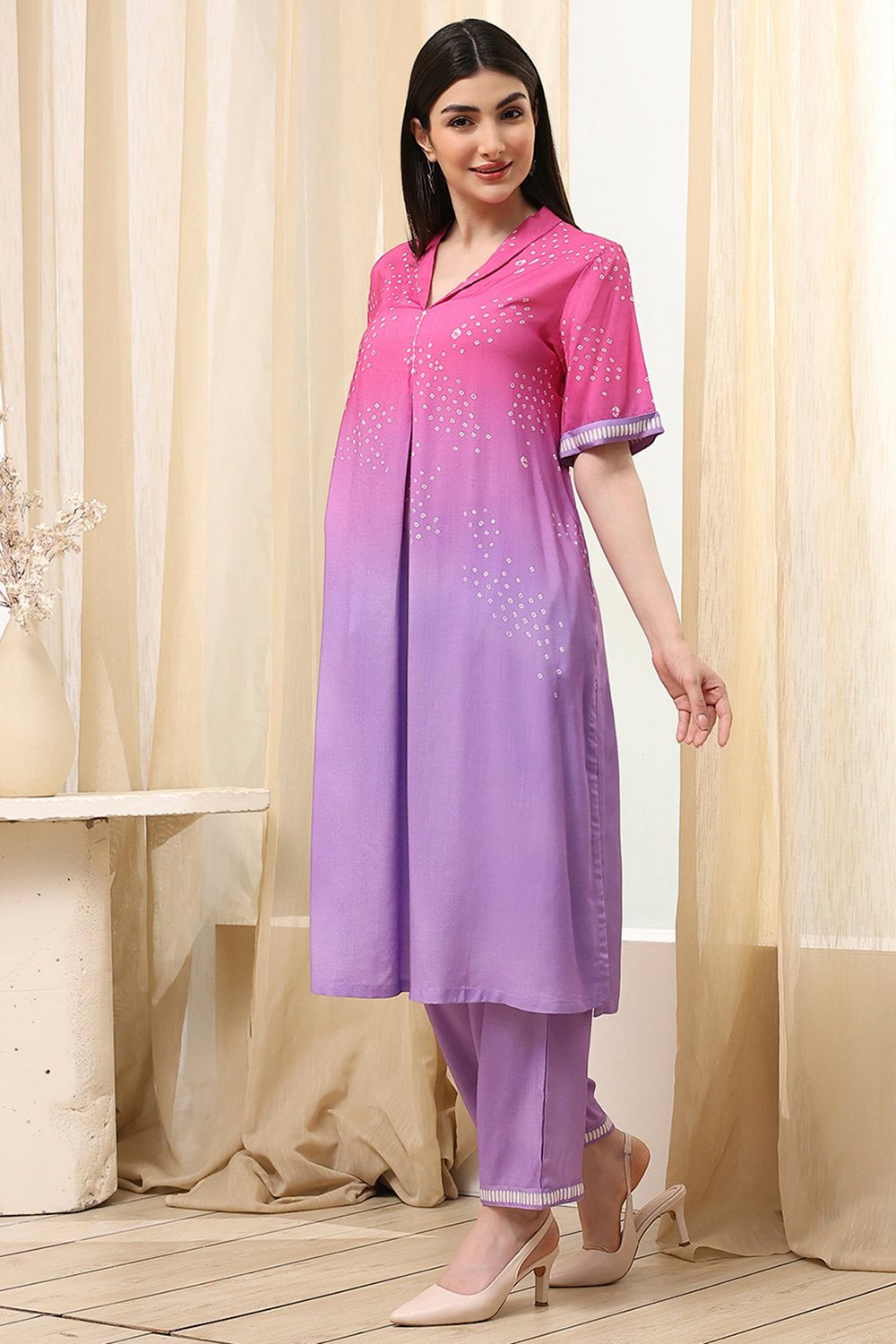 Lilac and Pink Printed Straight Co-ord Set image number 3