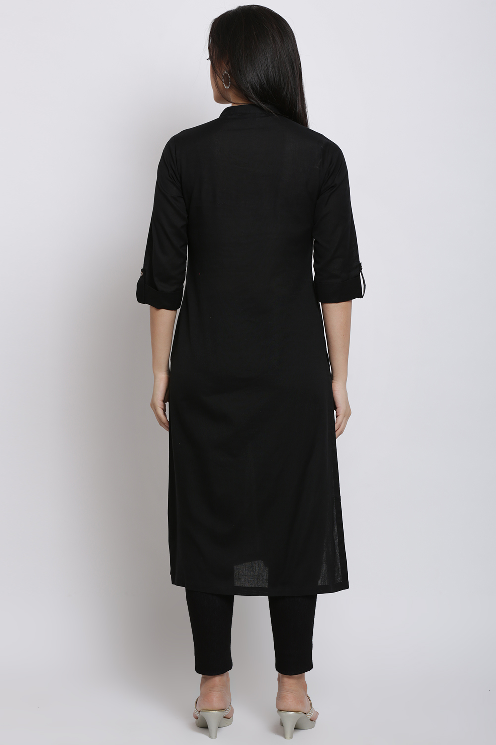 Black Cotton Flax Straight Kurta image number 5