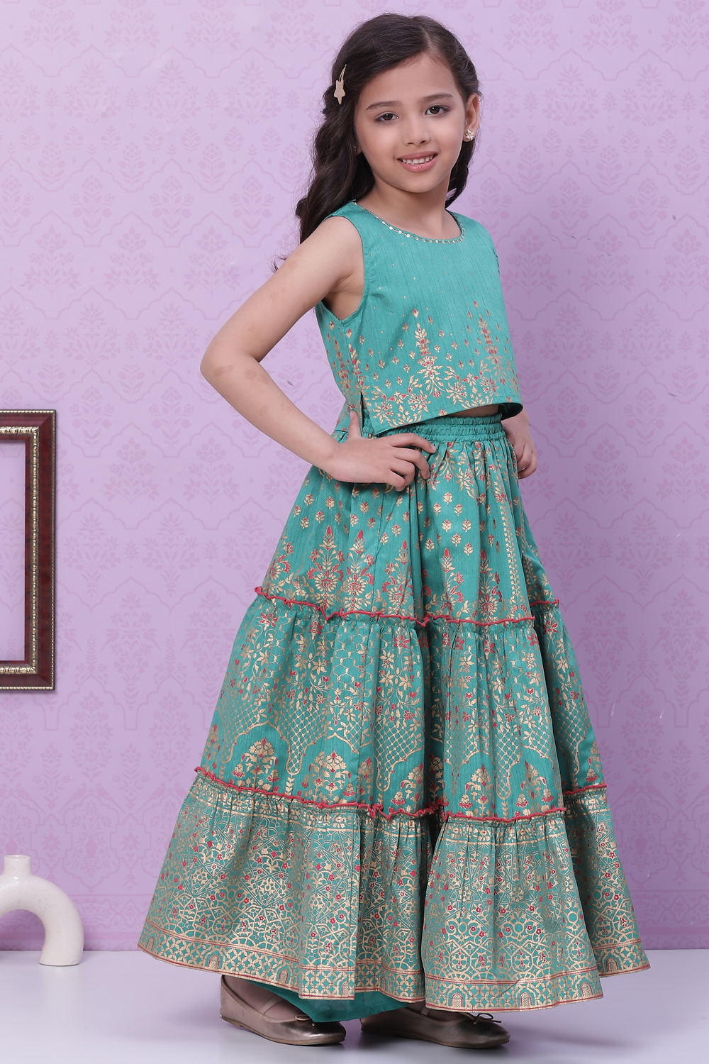 Green Art Silk Flared Lehenga image number 5