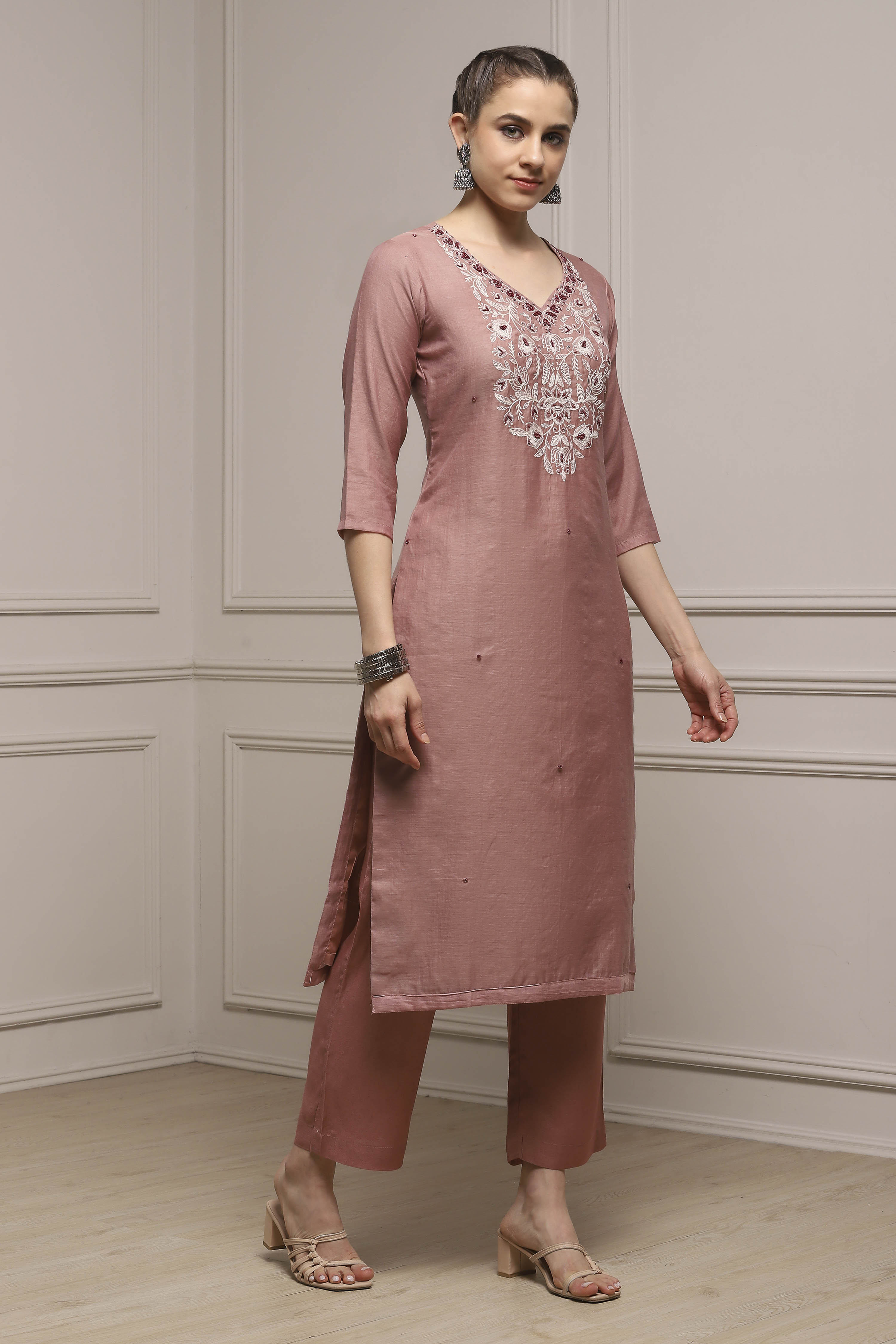 Beige Mul Chanderi Blend Hand Embroidered Unstitched Suit Set image number 6