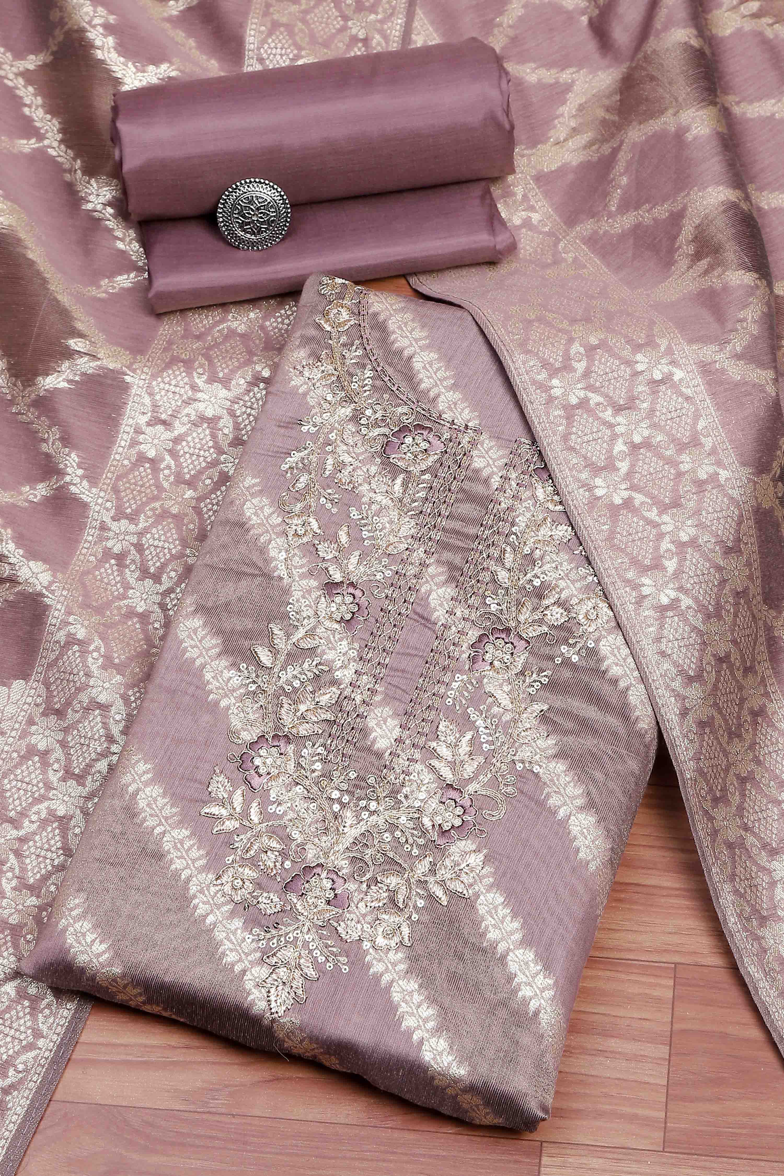 Botle Green Tissue Chanderi Embroidered Unstitched Suit Set image number 0