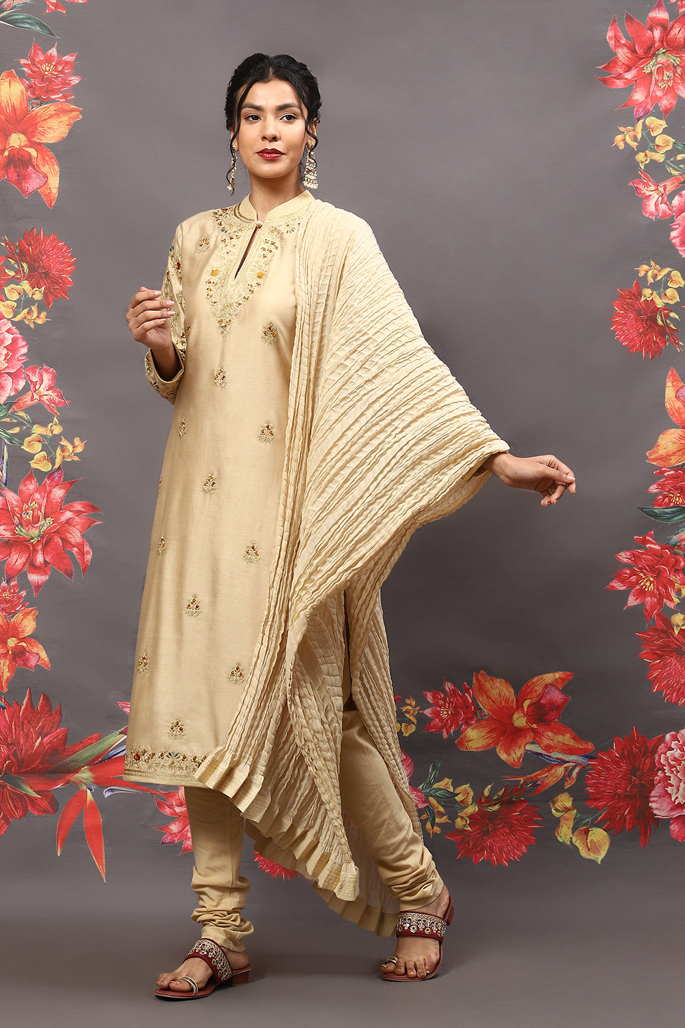 Beige Cotton Blend Straight Kurta Suit Set image number 4