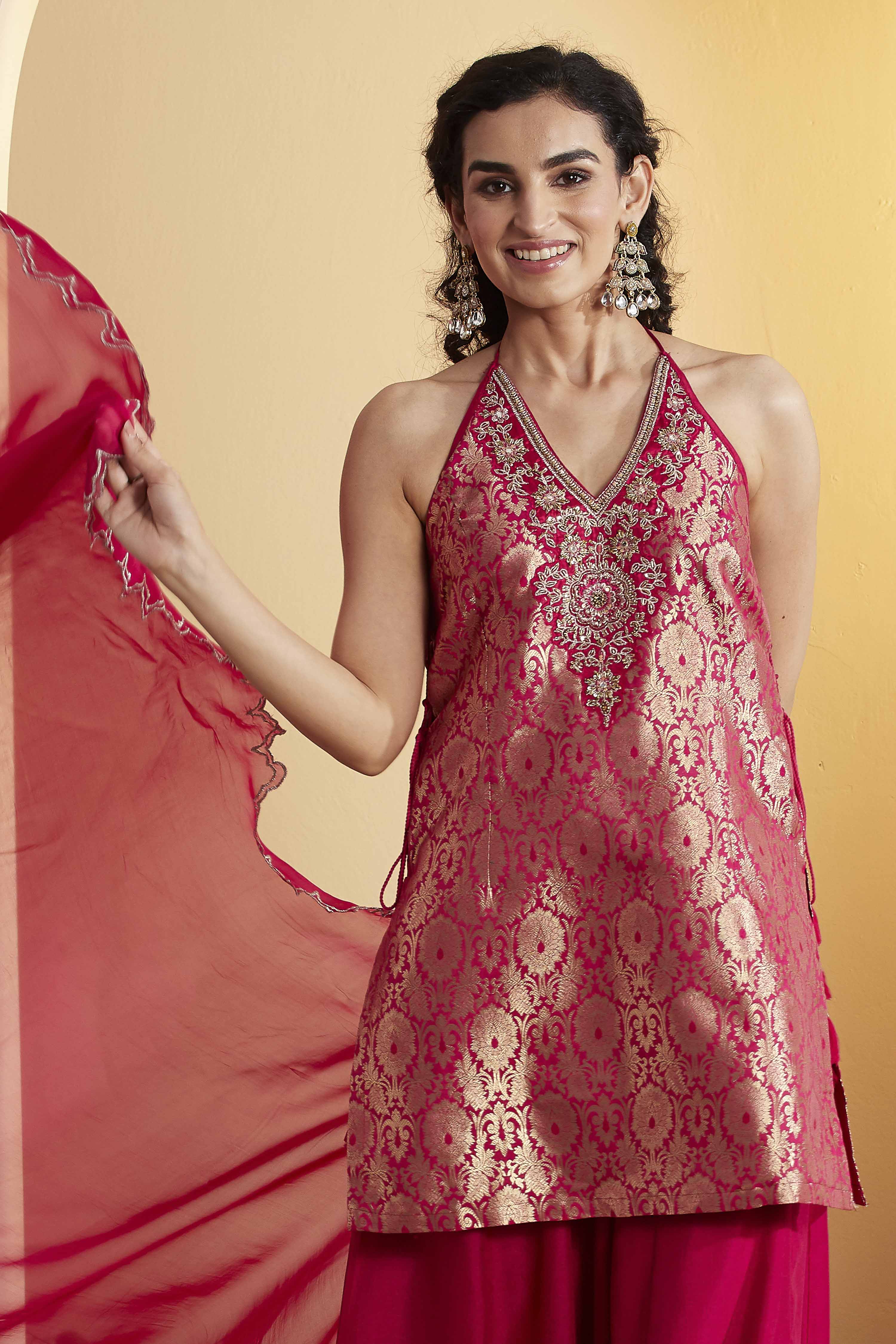 Violet Blue Viscose Rayon Halter Neck Sharara Set image number 1