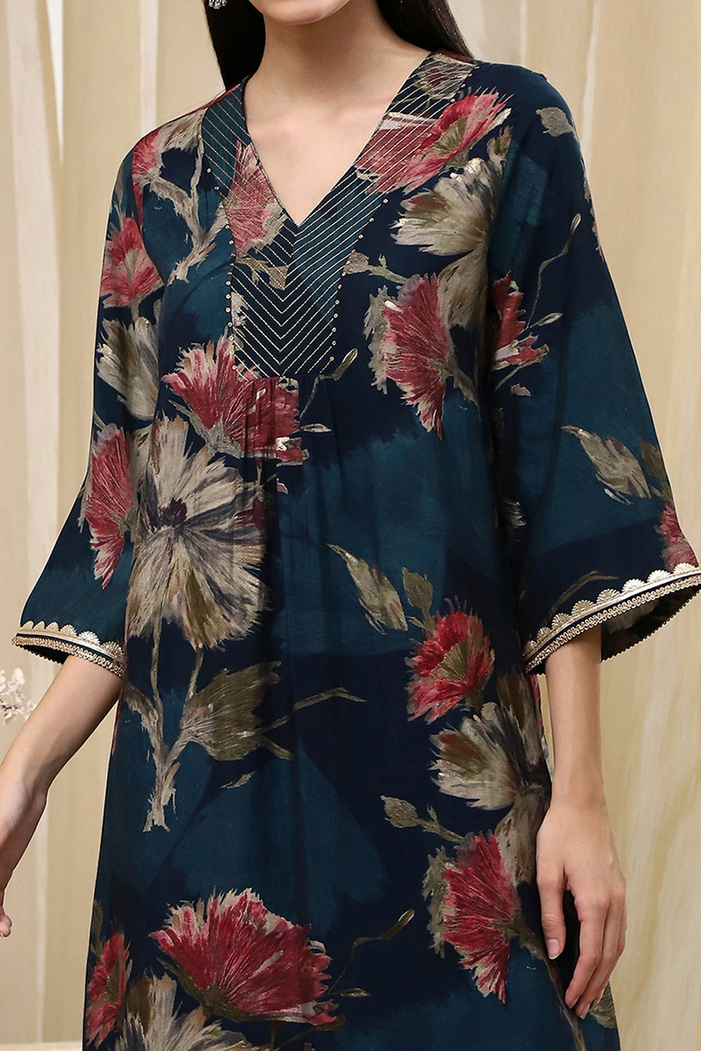 Coral Red Floral Printed Straight Kurta image number 1
