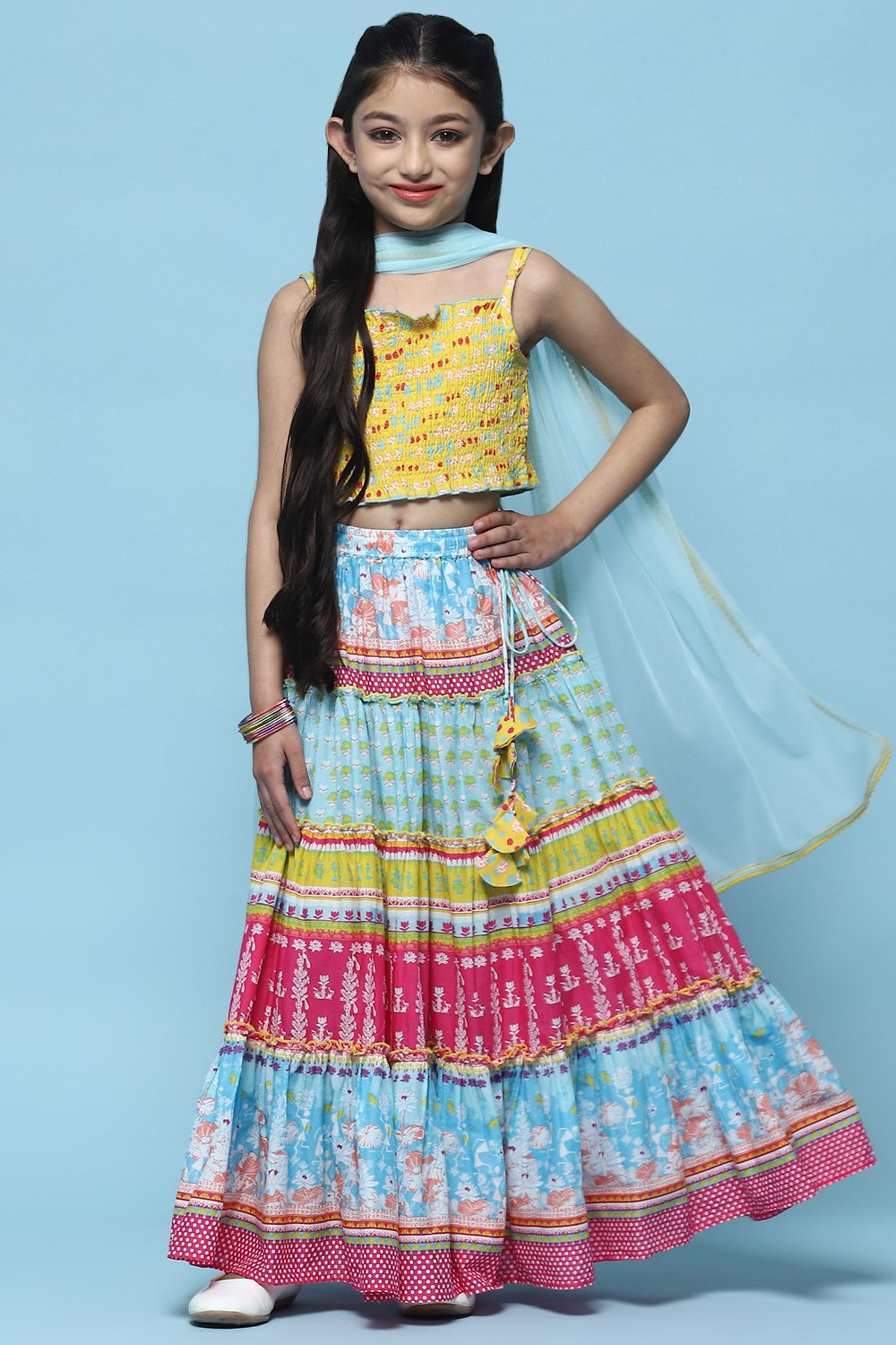 Yellow Cotton Strappy Top With Tiered Lehenga & Net Dupatta image number 7