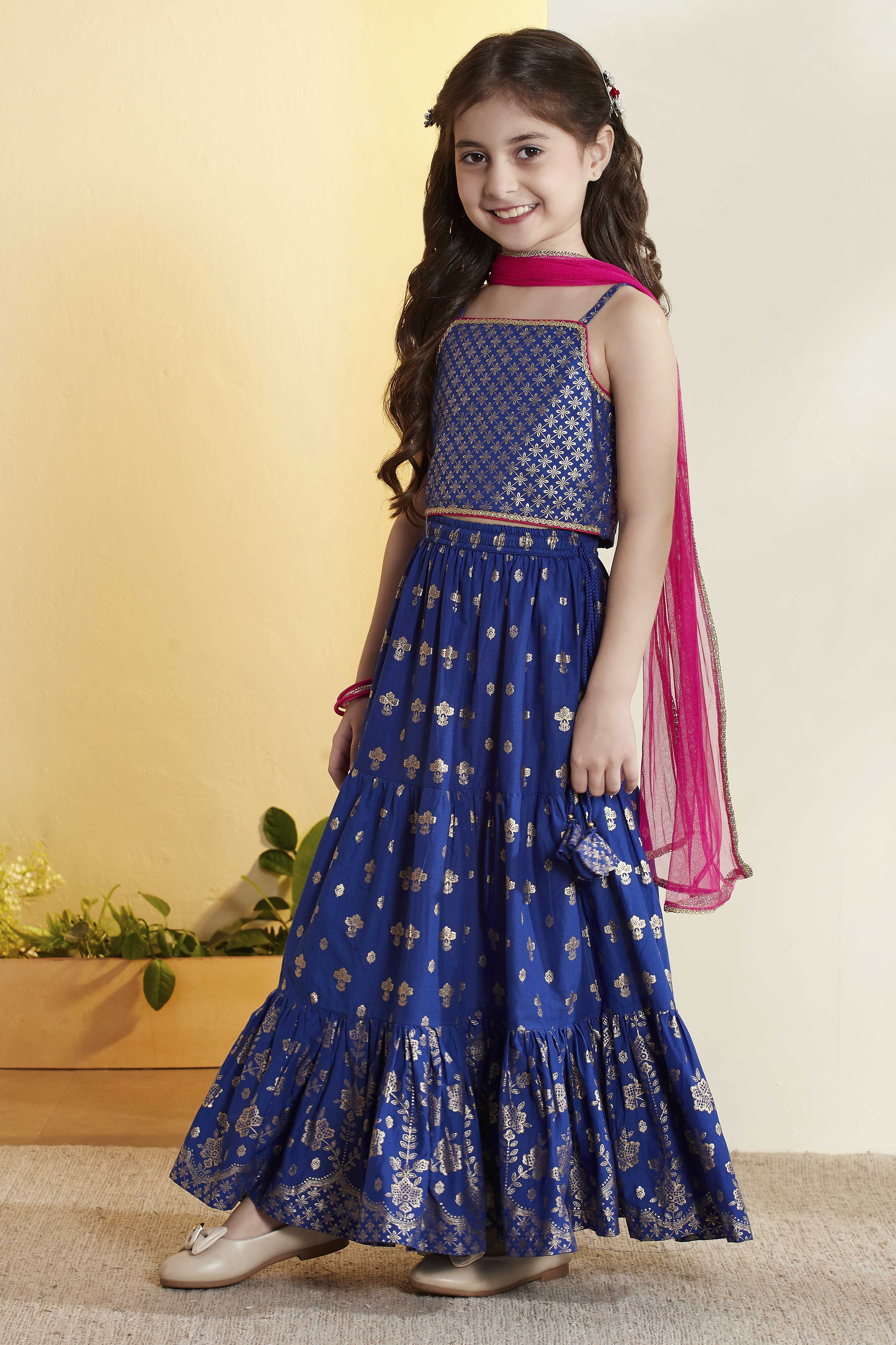 Blue Geometric Printed Cotton Lehenga Set image number 3