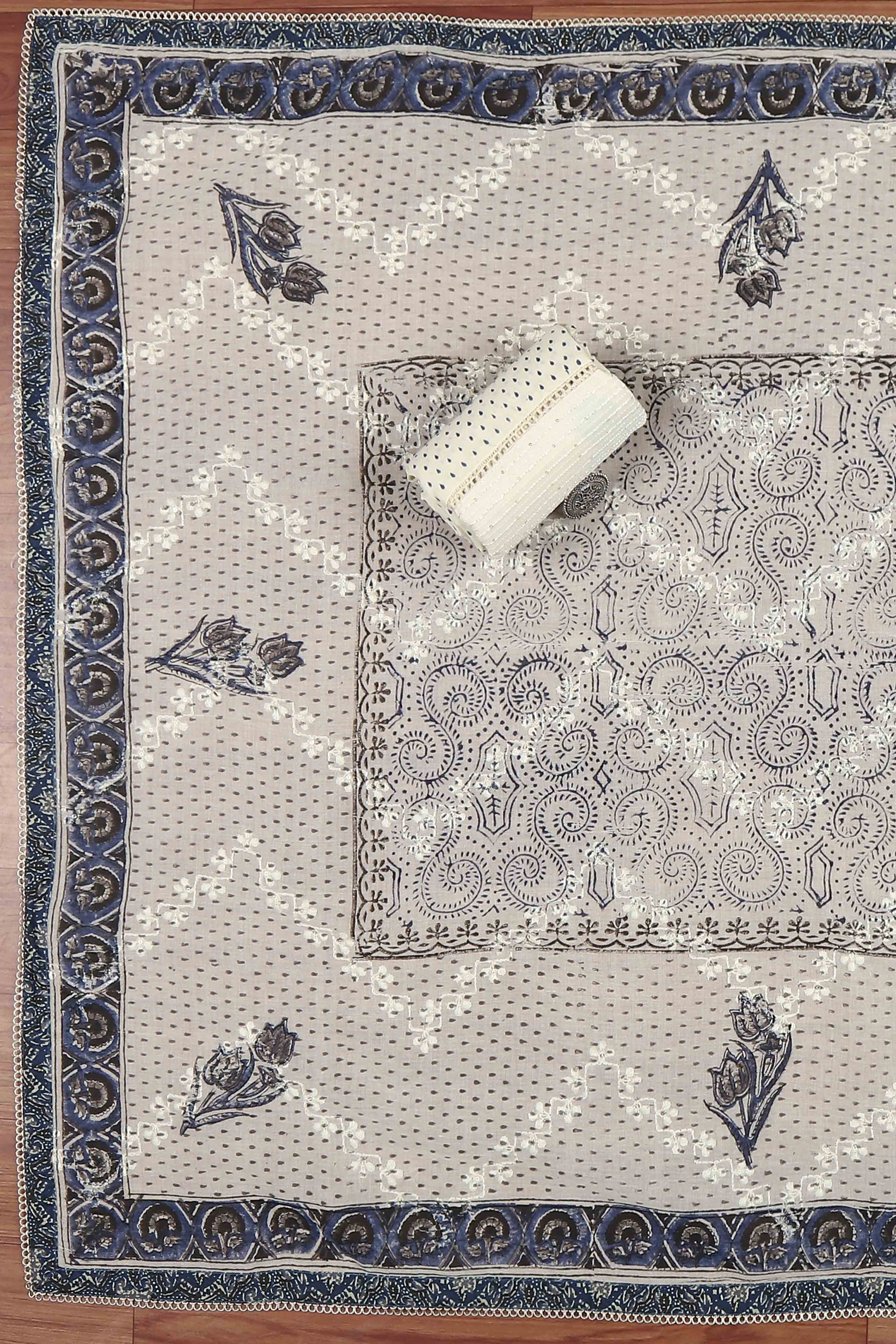 Blue Cotton Printed Embroidered Unstitched Suit Set image number 3