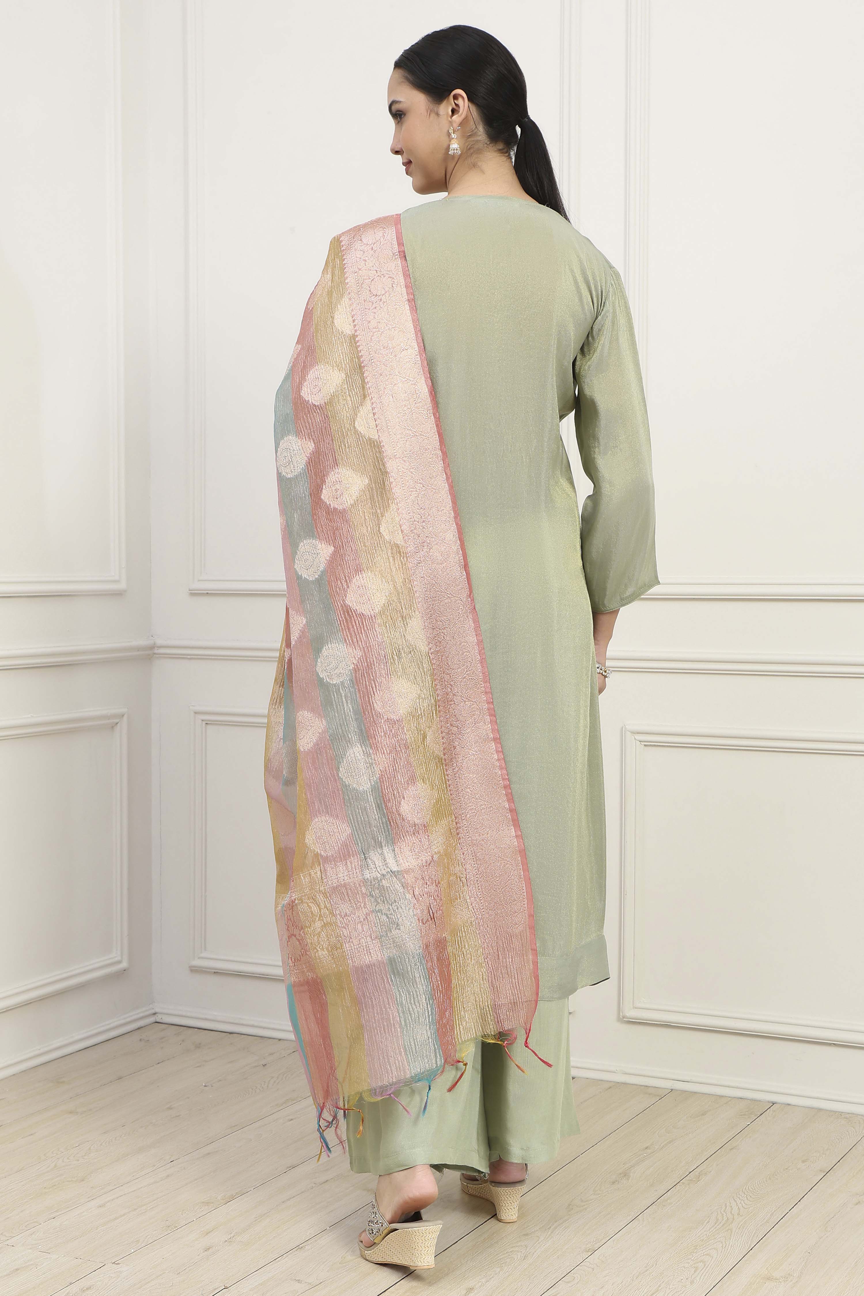 Pista Green Silk Blend Machine Embroidered Unstitched Suit Set image number 5