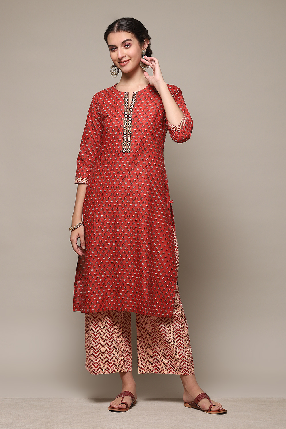 Sap Green Cotton Straight Kurta Palazzo Suit Set image number 3