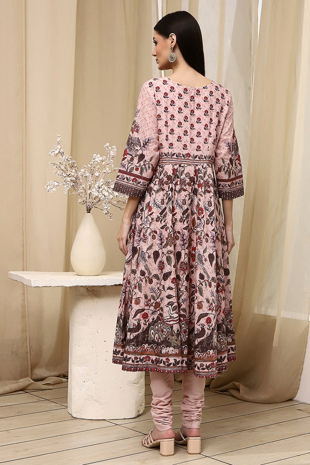 Beige Cotton Anarkali Kurta Churidar Suit Set image number 4