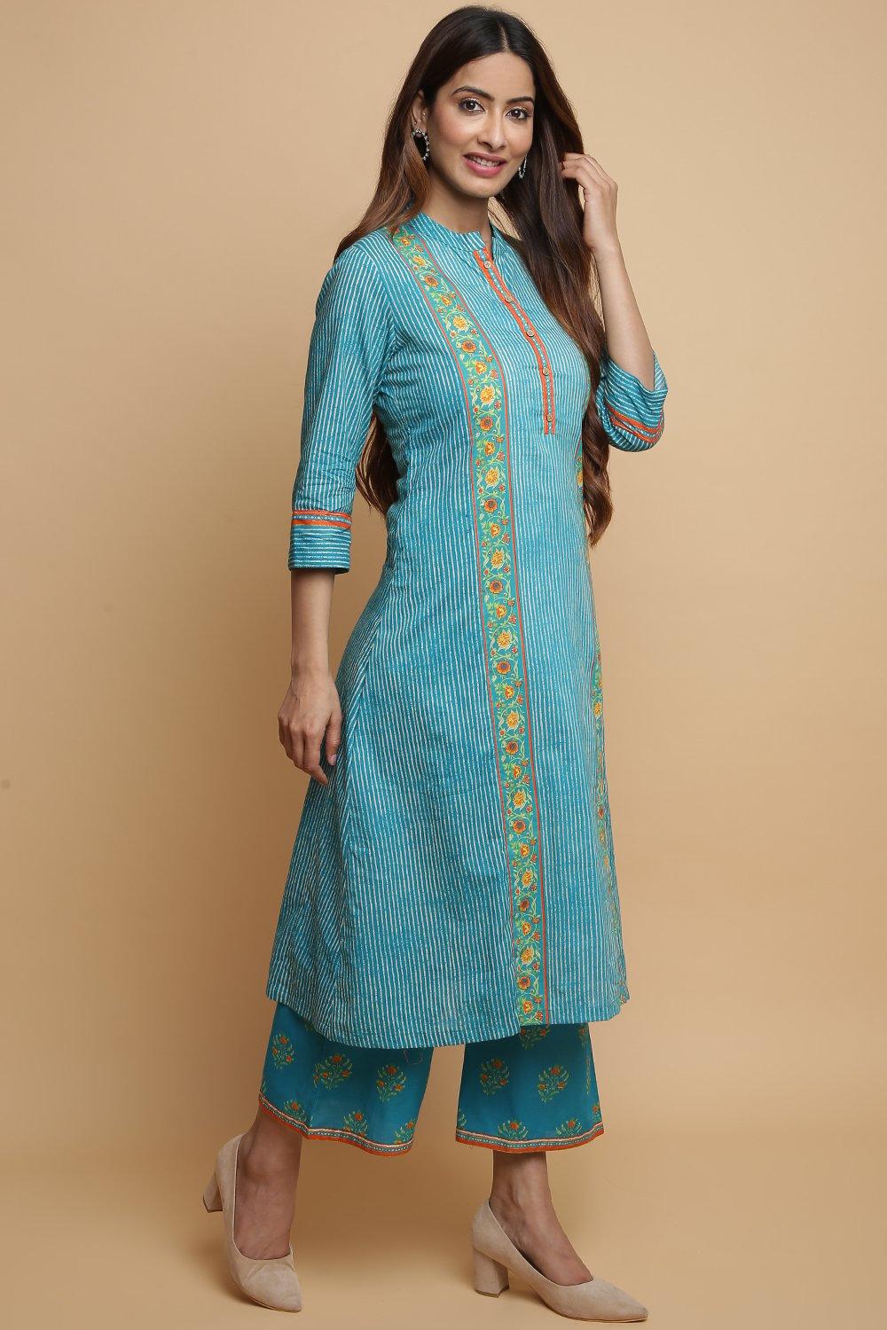 Teal Cotton A-Line Kurta Palazzo Suit Set image number 5