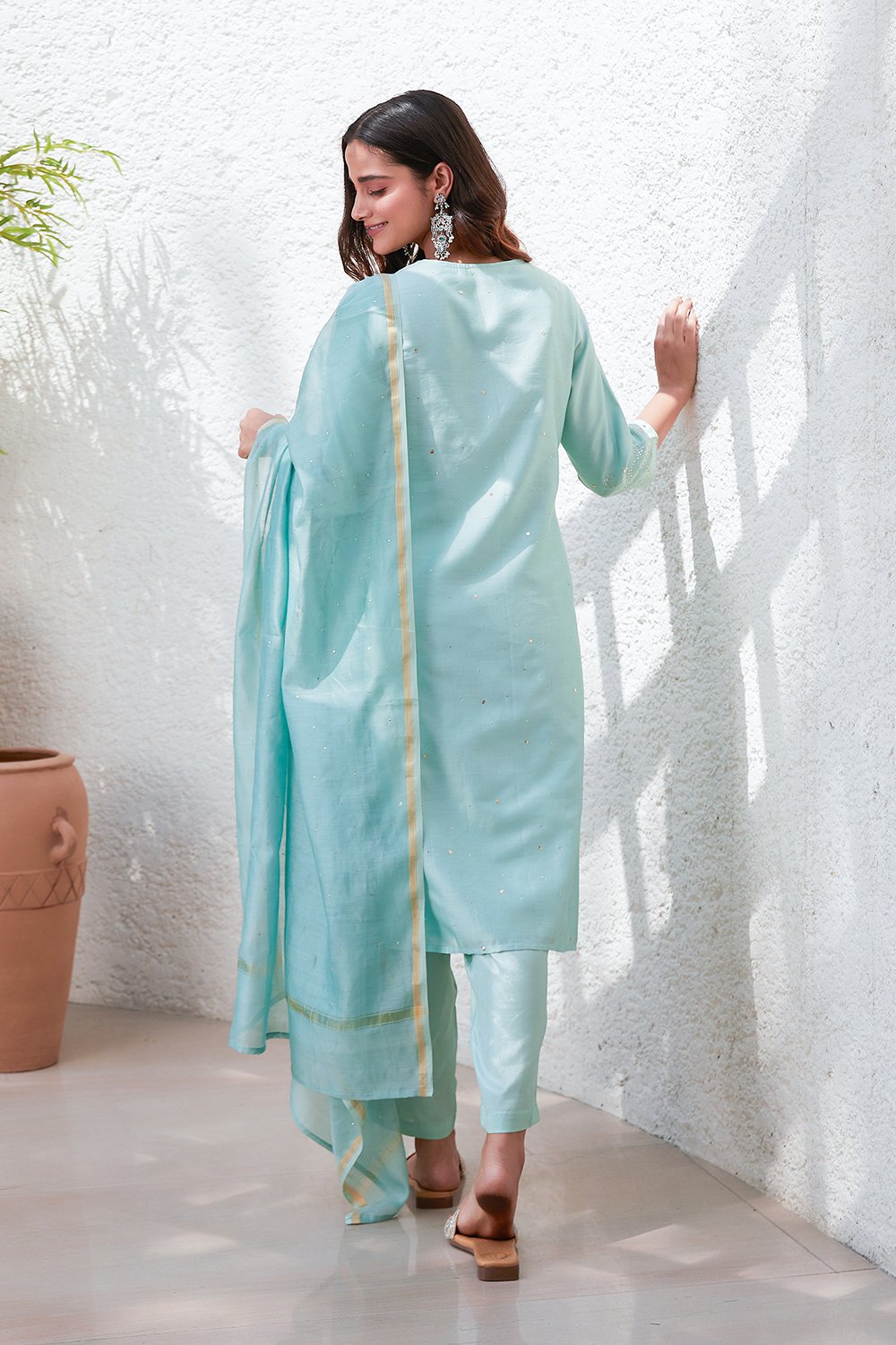 Pink Yard-Dyed Chanderi Kurta & Pants Suit Set image number 4