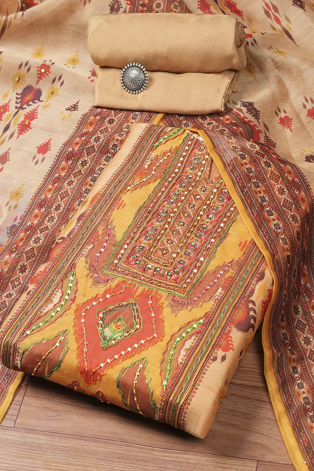 Cream Chanderi Printed Embroidered Unstitched Suit Set image number 0