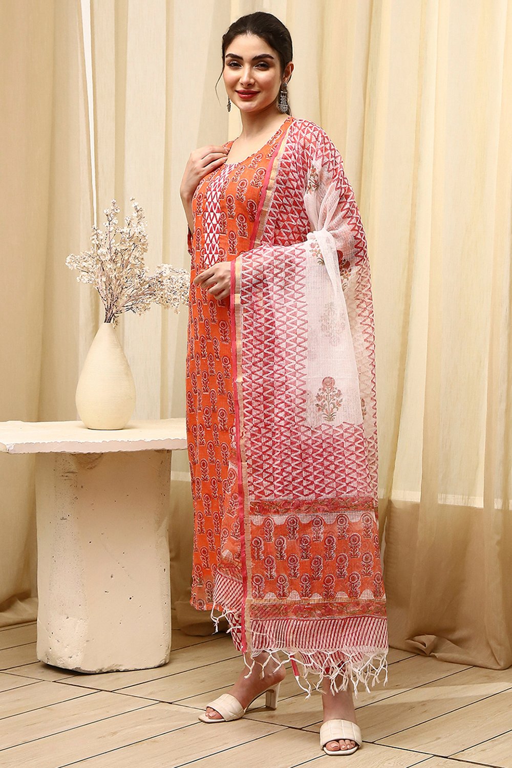 Yellow Cotton Hand Block Print Unstitched Suit Set image number 4
