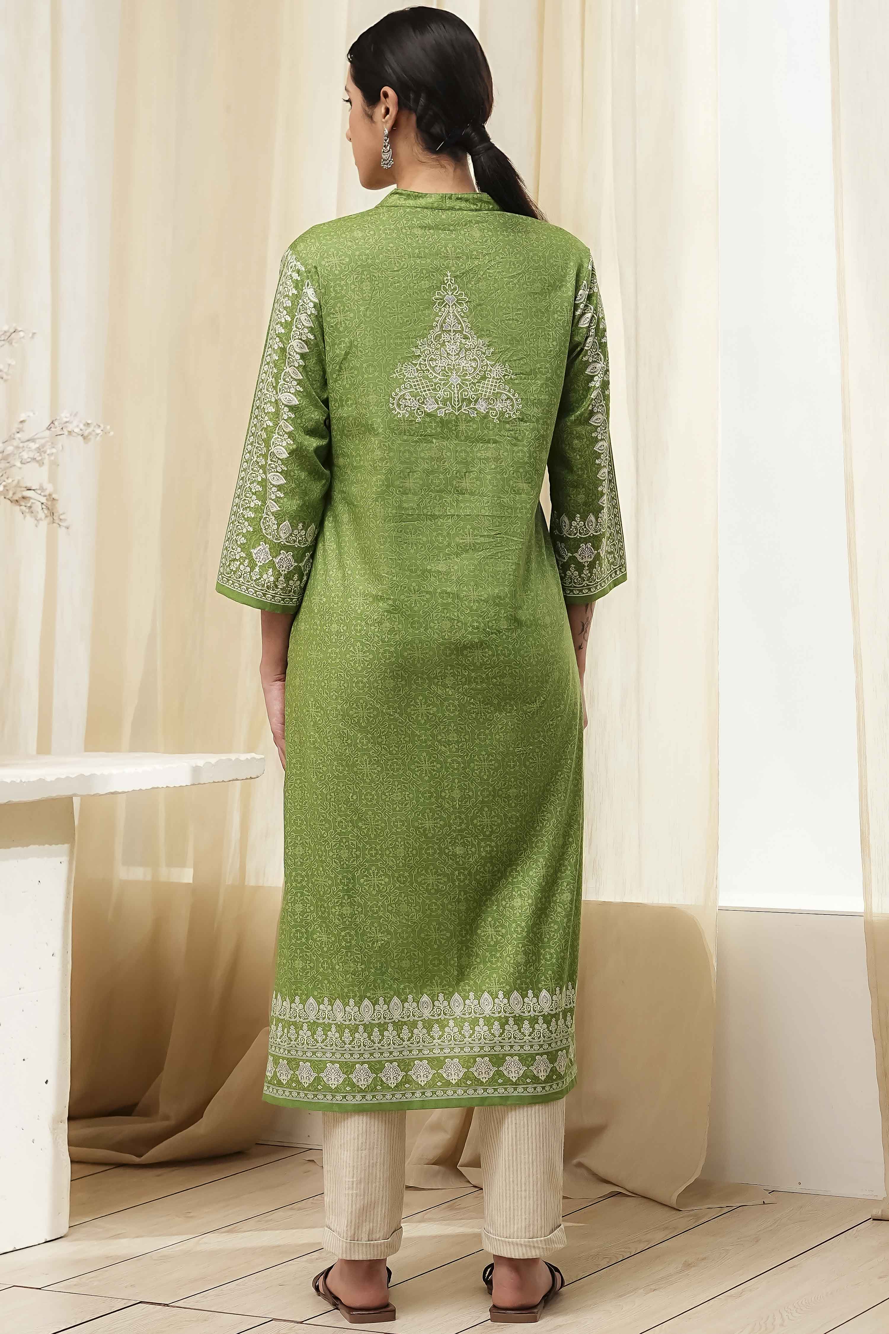 Green Cotton Printed Straight Kurta image number 3
