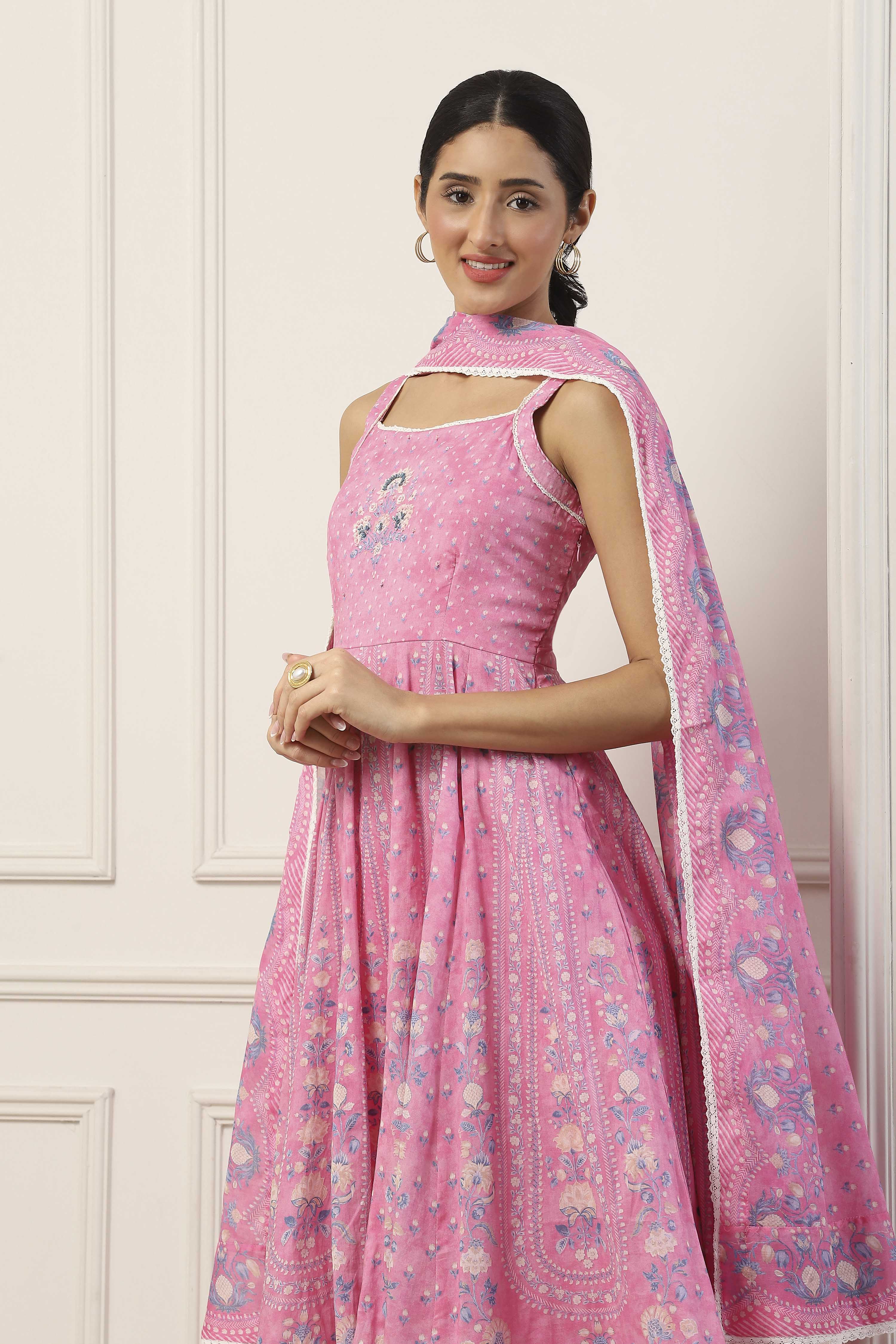 Pink Cotton Floral Printed Kalidar Suit Set image number 7