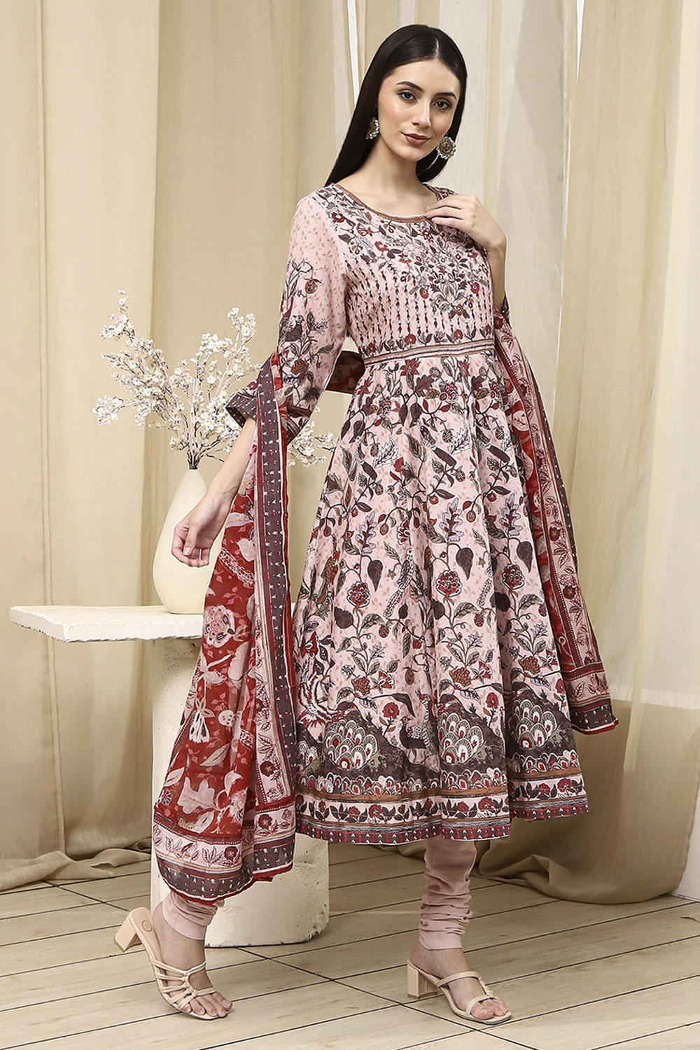 Beige Cotton Anarkali Kurta Churidar Suit Set image number 5
