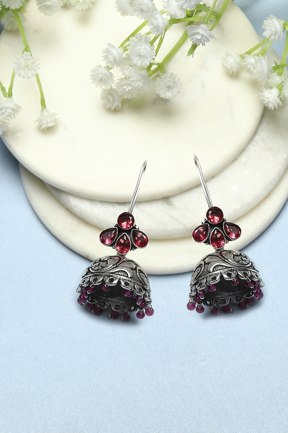 Dark Pink Oxidised Stone Studded Jhumkas image number 0