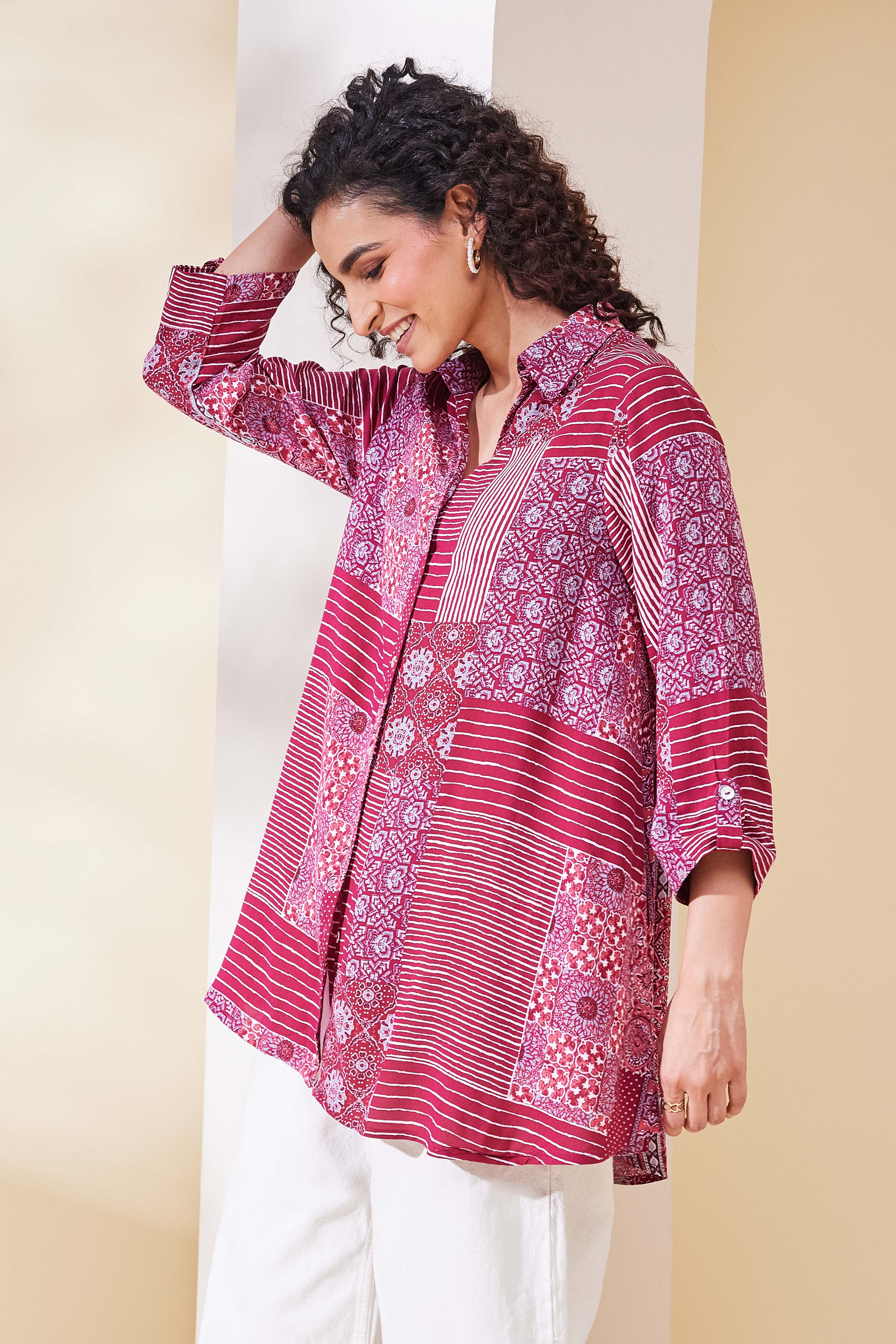 Maroon Viscose Rayon Asymmetric Shirt image number 2