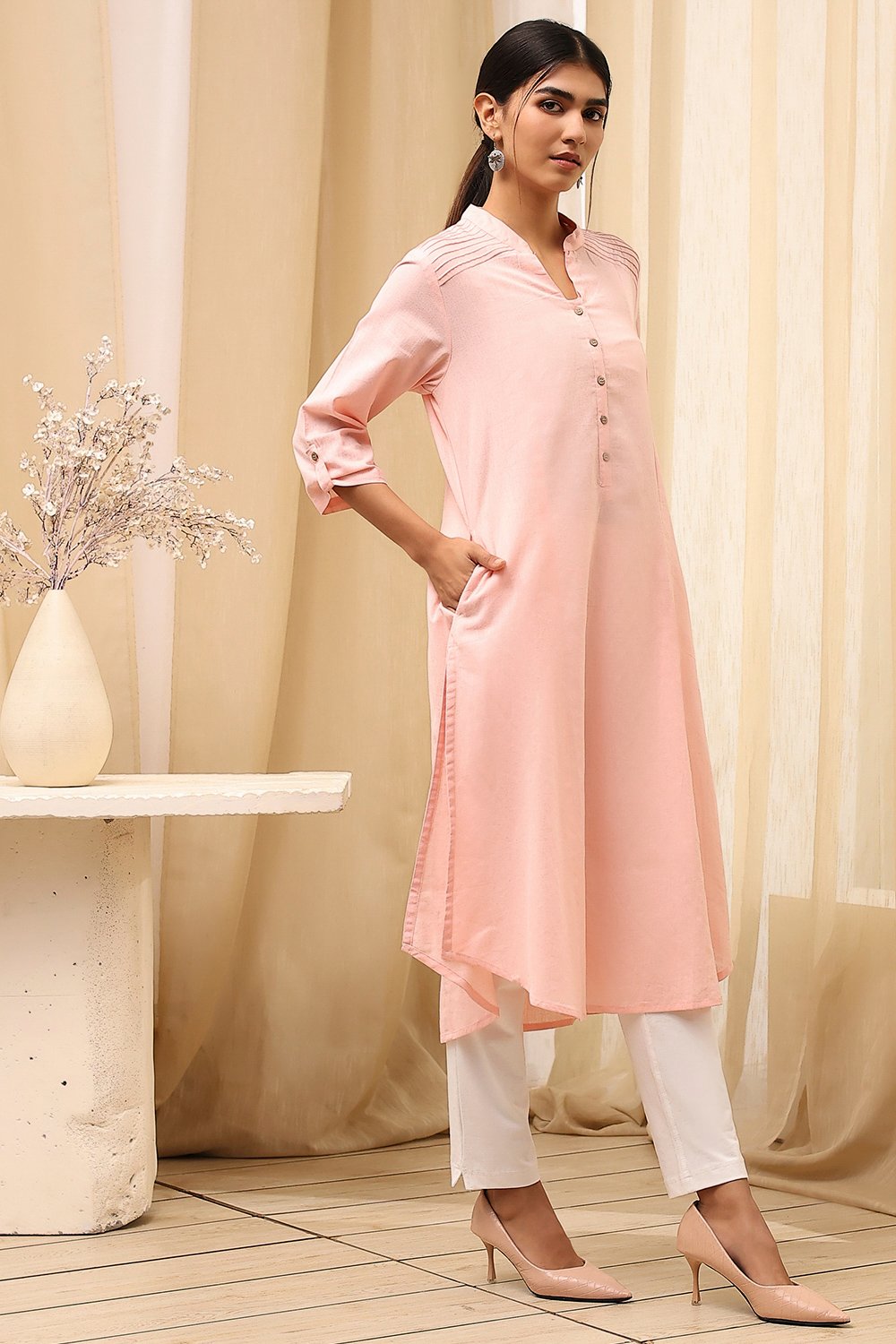 Burgundy Cotton Blend Solid Straight Kurta image number 3