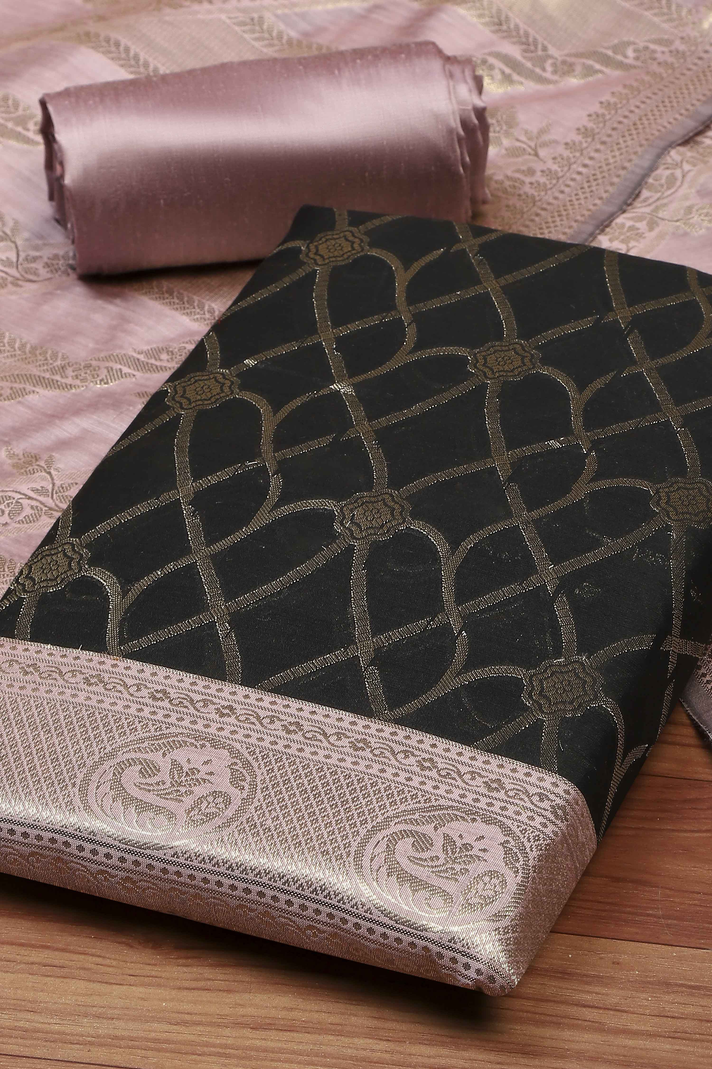 Black Cotton Printed Embroidered Unstitched Suit Set image number 1