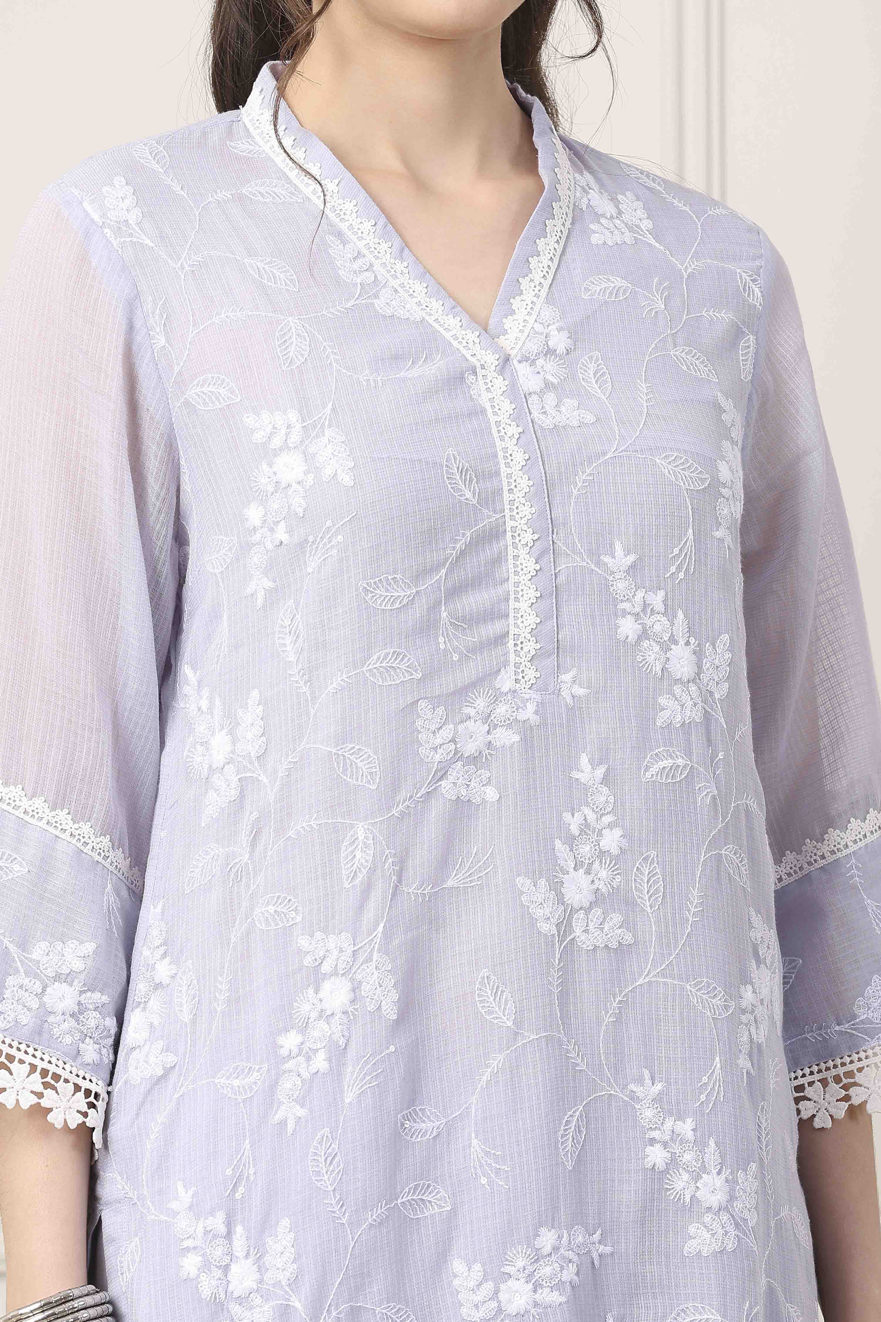 Lavender Cotton Floral Embroidered Straight Suit Set image number 1