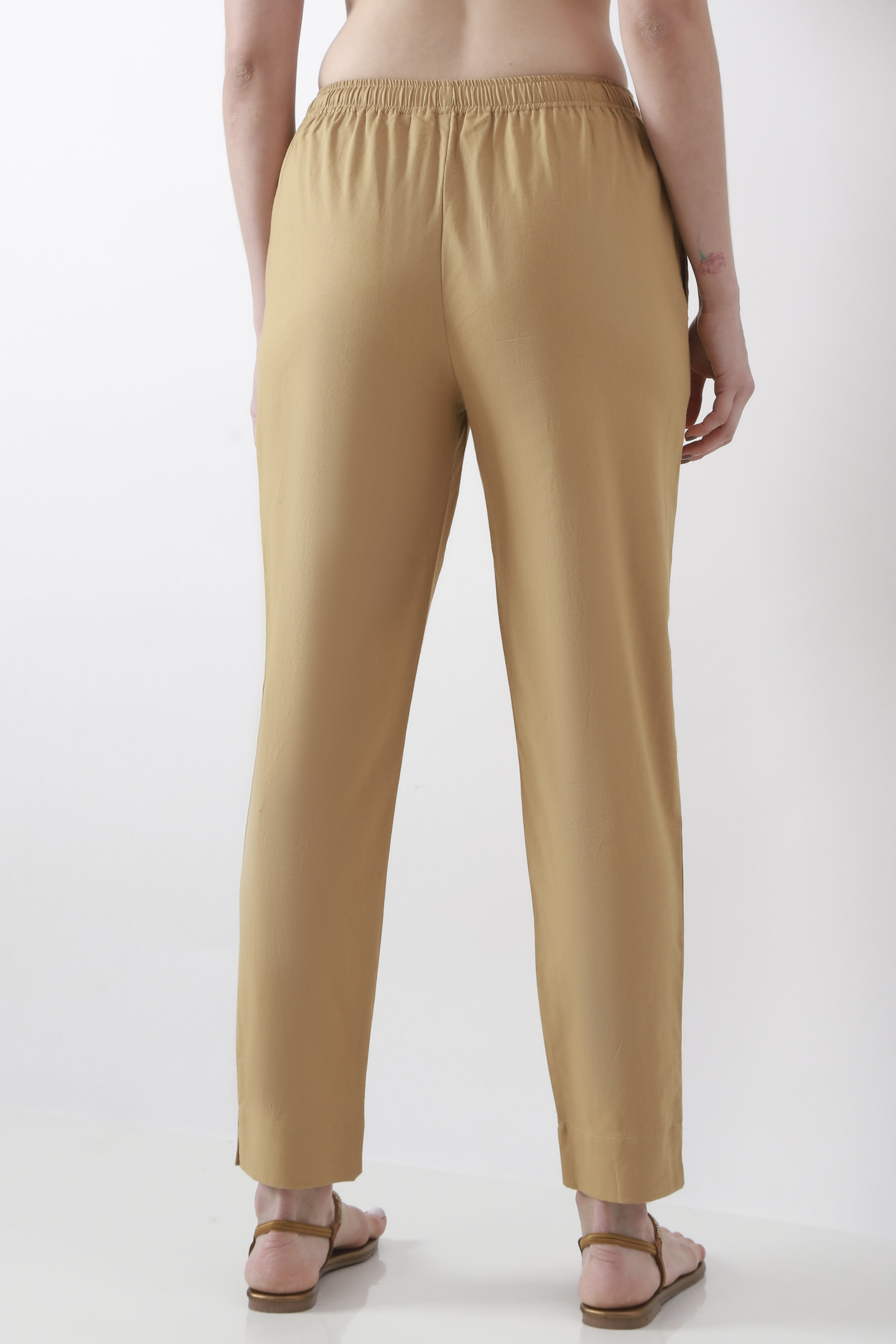 Beige Cotton Slim Pants image number 5