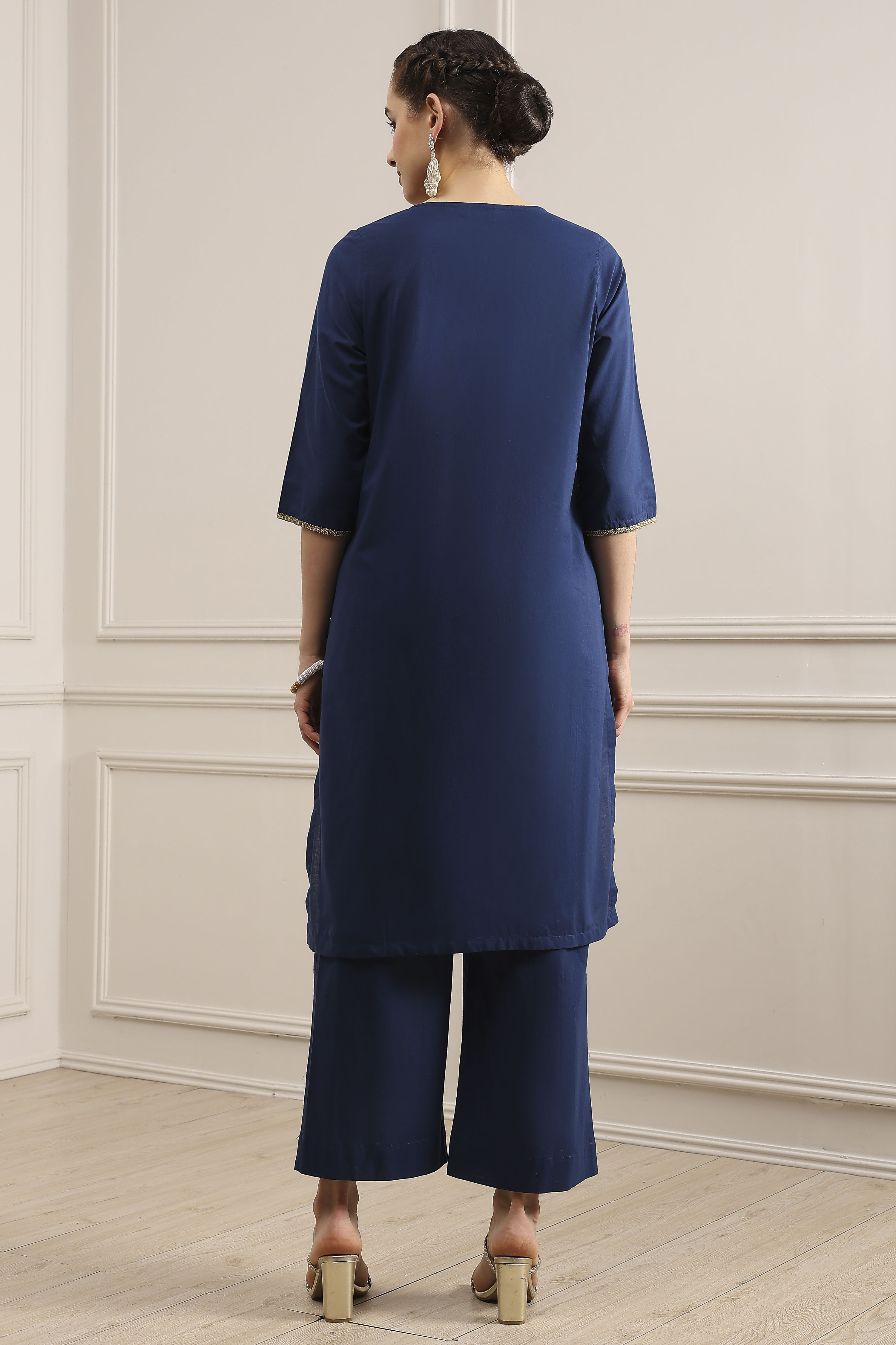 Blue Cotton Straight Dyed Suit Set image number 4