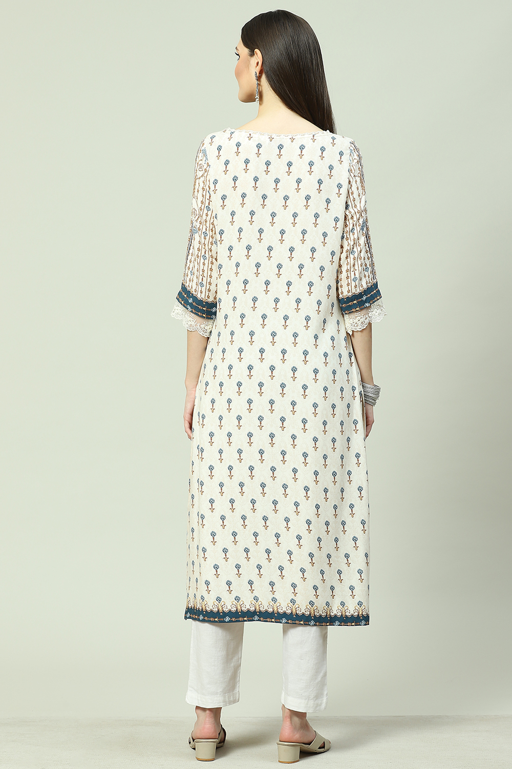 Ecru LIVA Straight Printed Kurta image number 4