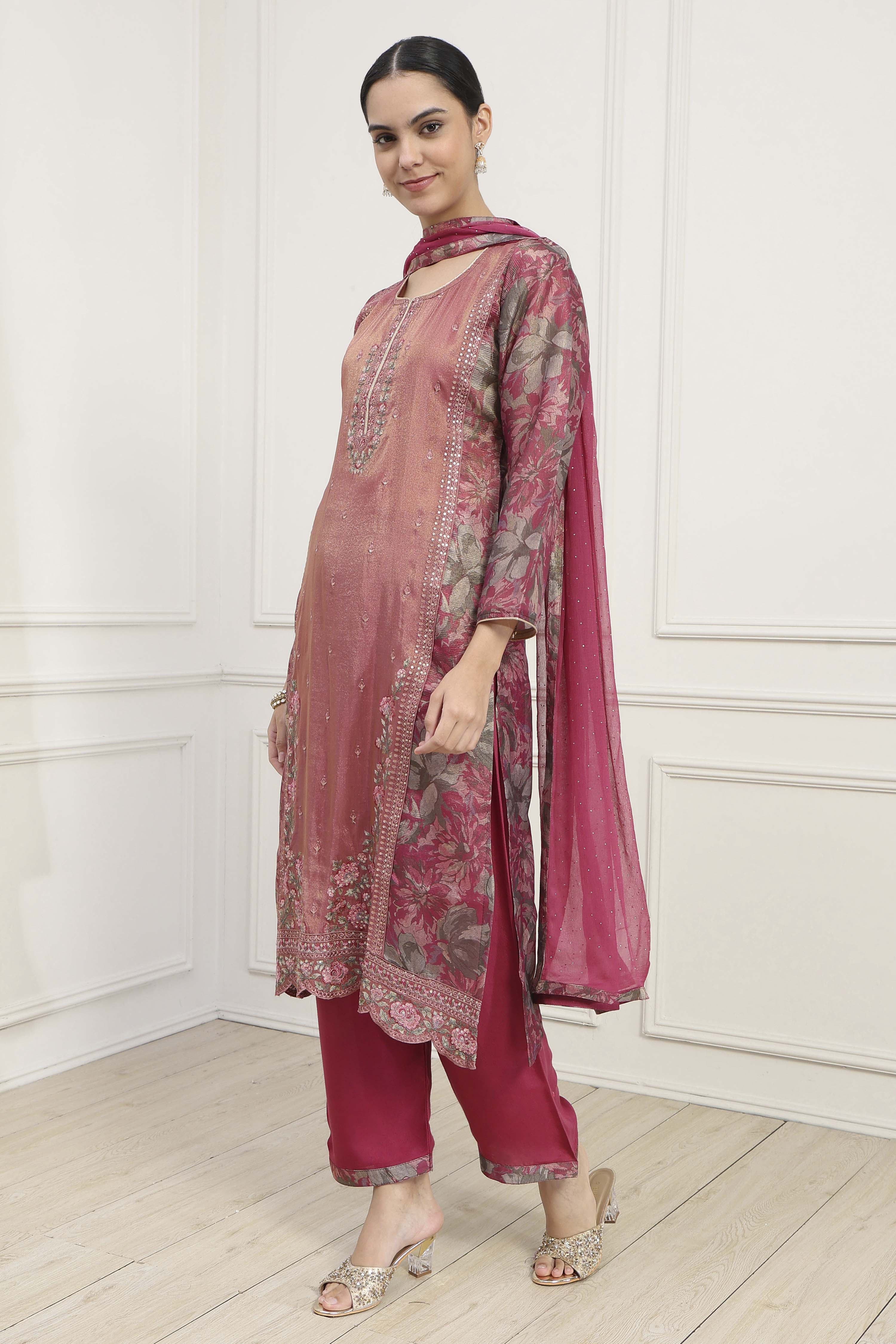 Rust Silk Blend Machine Embroidered Unstitched Suit Set image number 4