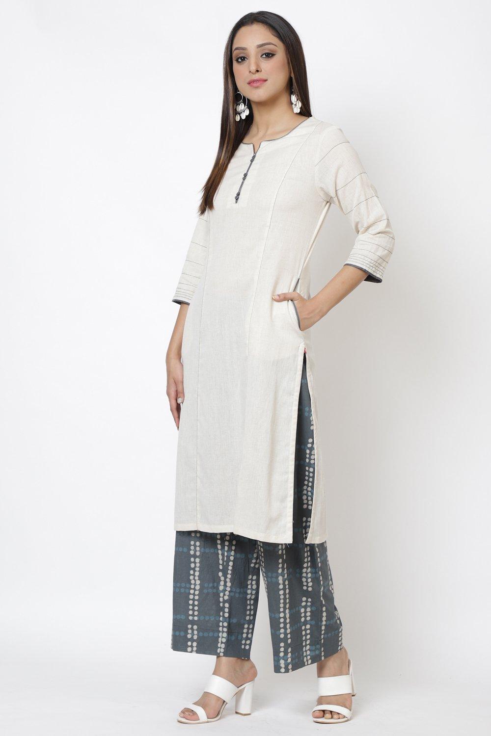 Off White Relaxed Kurta Palazzo Suit Set image number 3