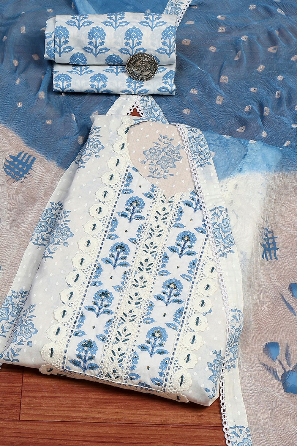 Blue Cotton Hand Embroidered Unstitched Suit Set image number 0