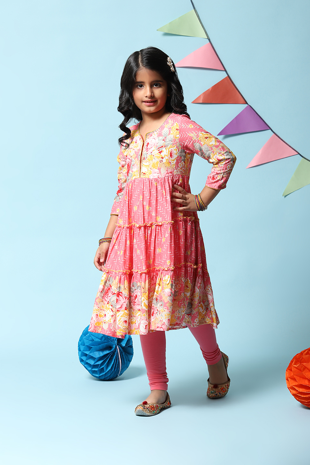 Yellow Rayon Flared Printed Kurta Set image number 3