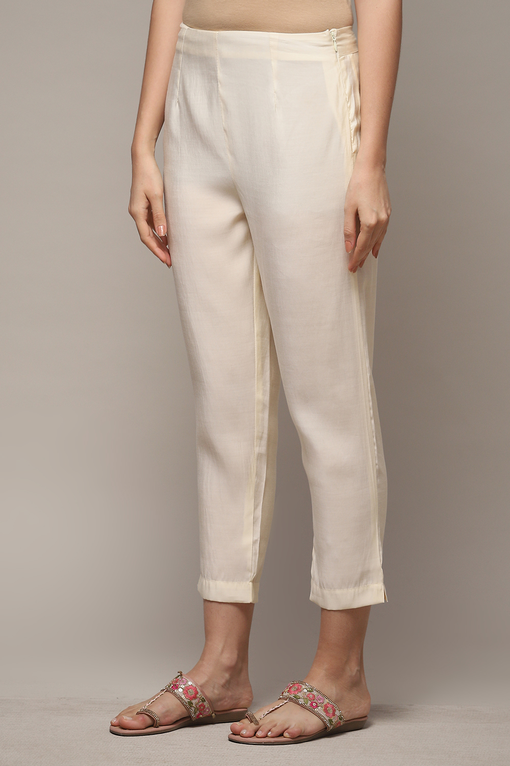 White Cotton Blend Slim Pants image number 2