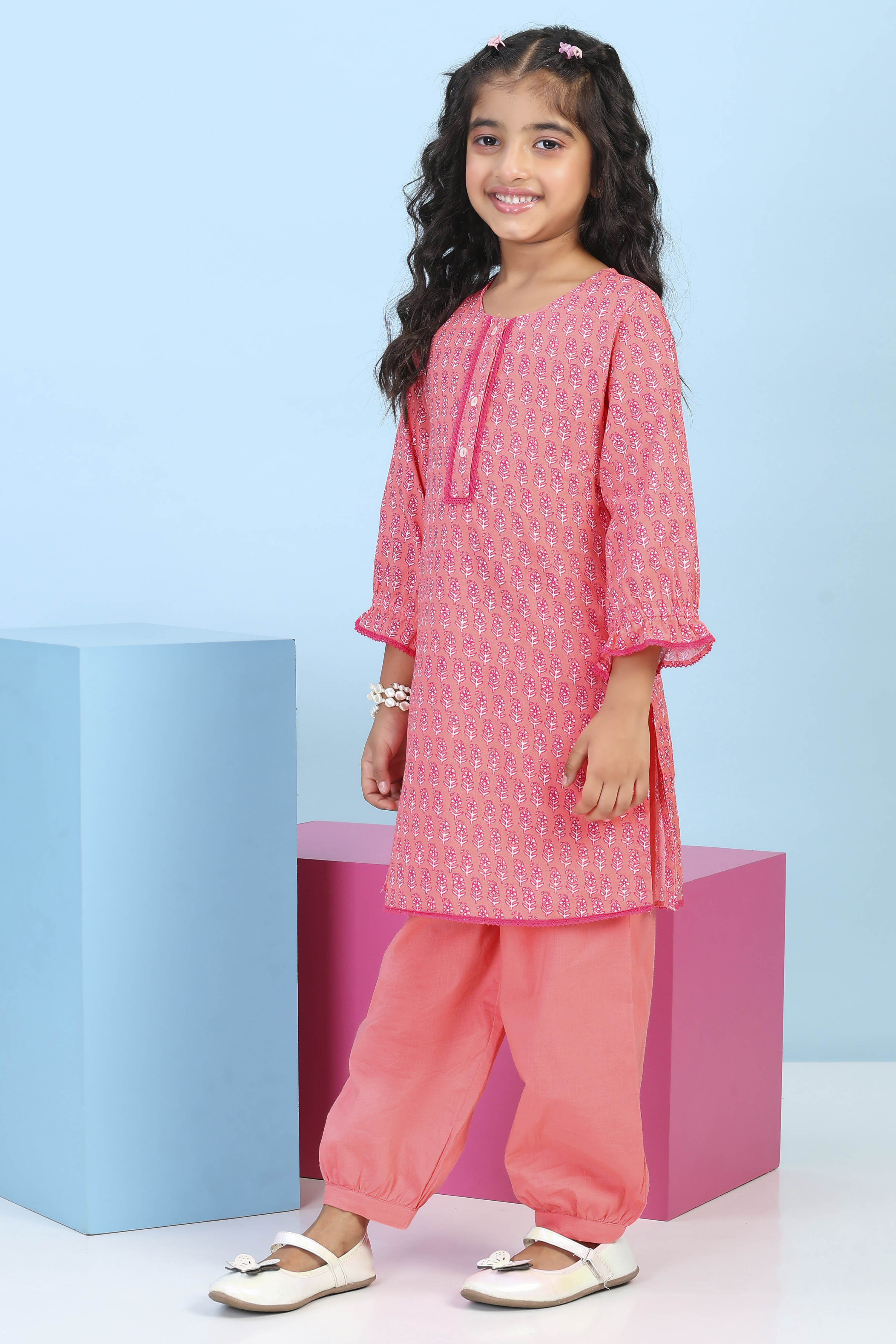 Peach Cotton Printed Straight Suit Set image number 3
