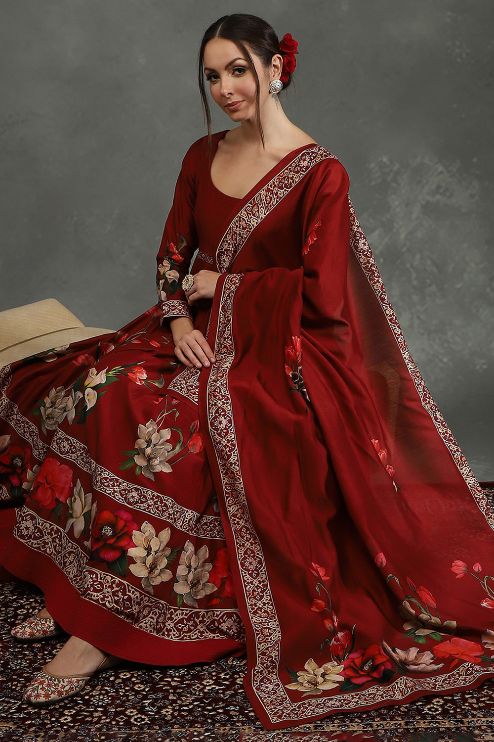 Rohit Bal Maroon Silk Chanderi Floral Anarkali Suit Set image number 0