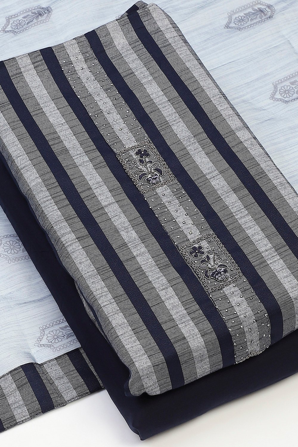 Blue Cotton Unstitched Suit Set image number 6